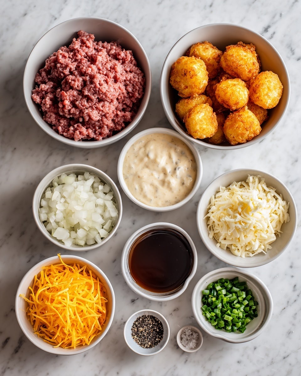The image shows ingredients arranged neatly on a white marbled surface. There is a white basket filled with golden brown tater tots in the top left corner. Next to it on the right is a clear bowl filled with mixed vegetables in orange, green, and yellow tones. Below the basket is a glass of white milk. To the right of the milk is a white plate with raw ground beef, pale pink and red in color. Below the beef plate are small piles of green dried oregano and fresh parsley. On the bottom left is a peeled yellow onion and to its right is shredded orange cheese. A small container of salt and pepper is also present beside the parsley. In the middle left is a white can of Campbell’s condensed soup with red and white labeling. The woman’s hand is touching the tater tots basket. The whole scene is clear, bright, and organized. Photo taken with an iphone --ar 4:5 --v 7