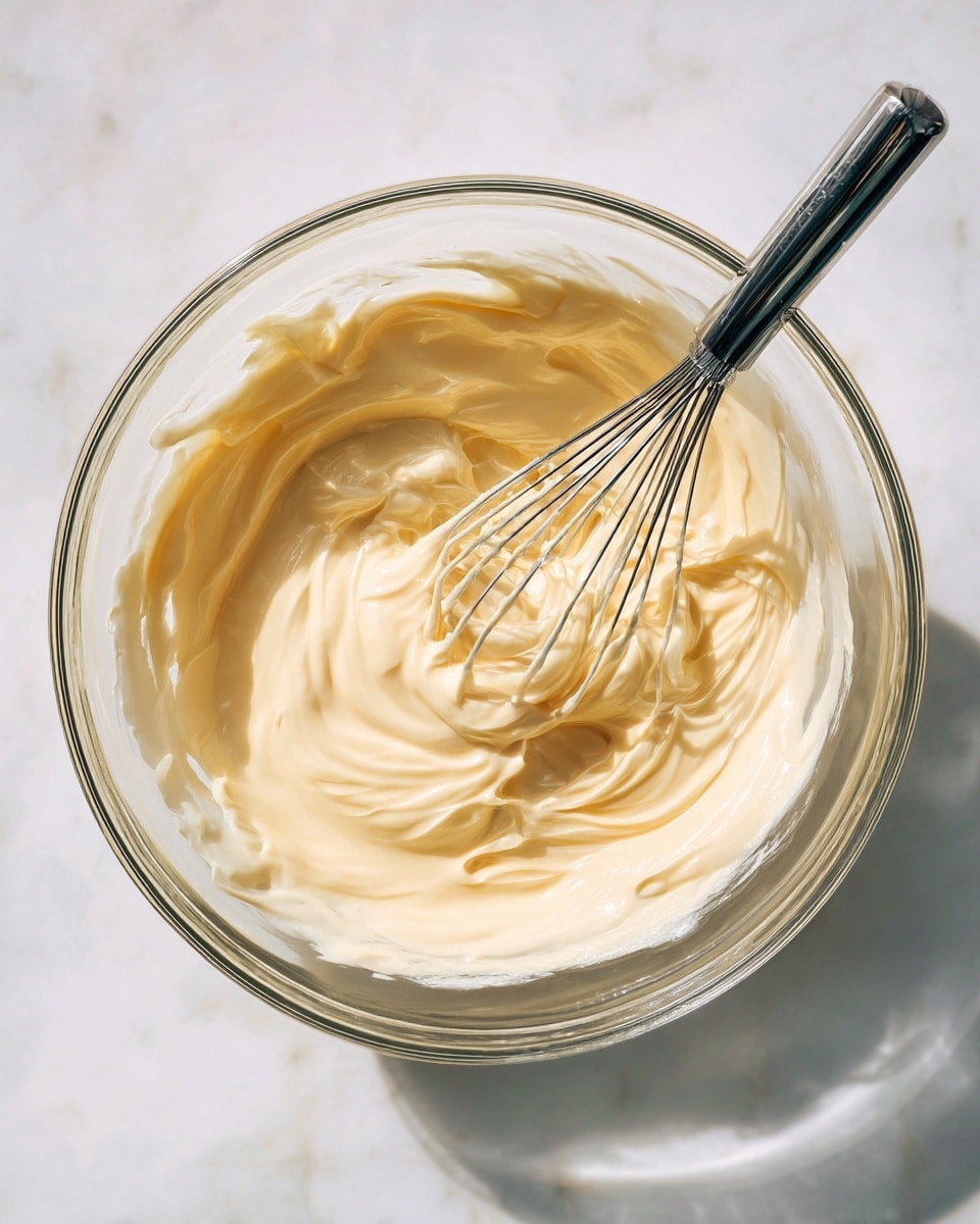 The image shows a clear glass bowl filled with thick, smooth, pale yellow cream being mixed by a metal whisk. The cream has a soft texture, swirled evenly all around the bowl, with some peaks and ridges formed by the whisk. The bowl sits on a white marbled surface, and bright natural light casts soft shadows around it, highlighting the creamy texture and the shiny metal whisk resting inside. Photo taken with an iphone --ar 4:5 --v 7
