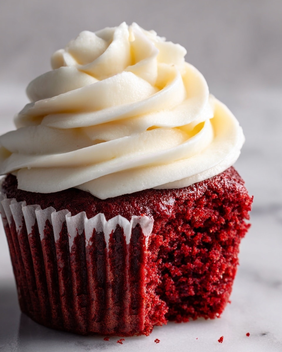 A close-up view of a single red velvet cupcake with a deep red, moist texture. The cupcake has a swirl of smooth, creamy white frosting on top, shaped like a flower with soft curved peaks. The cupcake sits on a white marbled surface, and the red paper wrapper is gently peeled back, showing the rich red cake underneath. The lighting highlights the texture of the frosting and the crumb of the cupcake. photo taken with an iphone --ar 4:5 --v 7