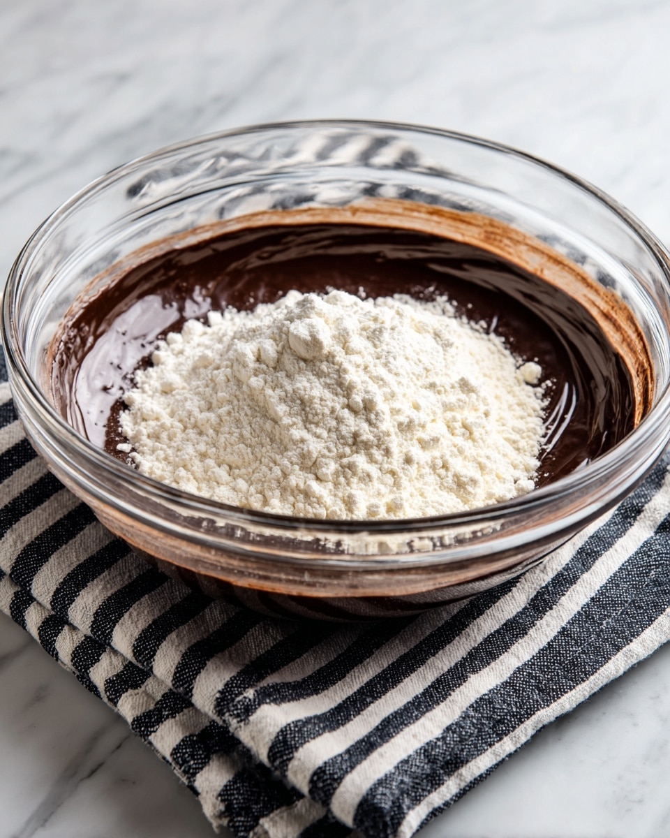A clear glass bowl sits on a black and white striped cloth over a white marbled surface. Inside the bowl, there are two layers: the bottom layer is a smooth, dark brown chocolate batter with a shiny texture, and on top, an uneven pile of white flour rests in the center, contrasting sharply with the dark batter beneath. The sides of the bowl show streaks of the chocolate batter, indicating mixing action. Photo taken with an iphone --ar 4:5 --v 7