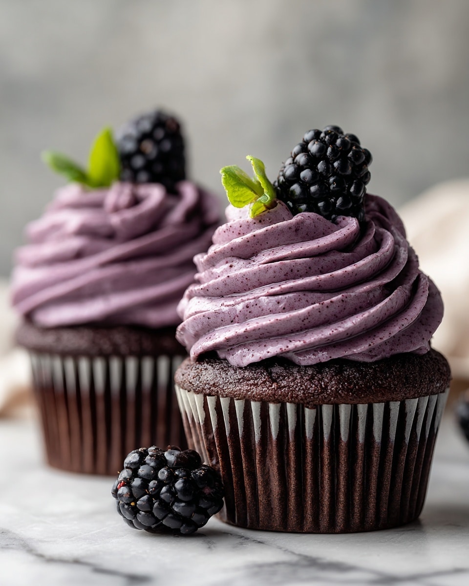 Two chocolate cupcakes sit side by side on a white marbled surface, each with a thick swirl of purple blackberry frosting on top. The frosting is textured with small bits of blackberry, creating a slightly rough look, and each cupcake is crowned with a single fresh blackberry and a tiny green leaf. There is one extra blackberry placed between the cupcakes in the front. The cupcakes are wrapped in dark brown liners, and the whole scene is bright and clear, showing fine detail and soft light. photo taken with an iphone --ar 4:5 --v 7