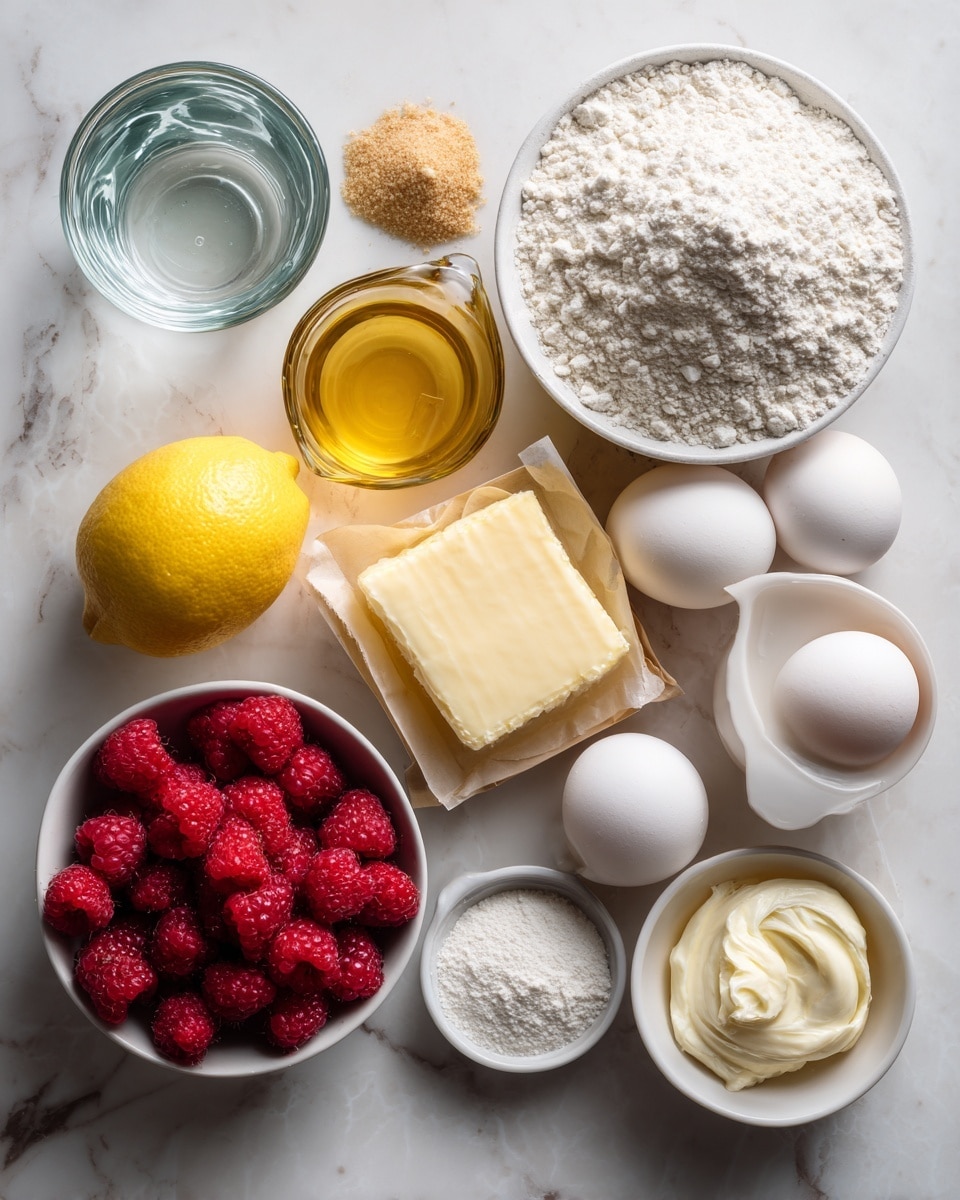 The image shows several cooking ingredients neatly arranged on a white marbled surface. There is a small glass filled with clear water at the top left, next to a small glass measuring cup filled with a golden oil. Below the water, there is a bowl of white flour, and next to that, a small bowl of white powdered sugar. A fresh yellow lemon sits in the center beside a small bowl full of bright red raspberries. Nearby, there is a square stick of butter wrapped in paper, three white eggs, a small bowl filled with white cream, and a small amount of light brown grated ginger root. The colors are soft and natural with the bright red raspberries standing out clearly. Photo taken with an iphone --ar 4:5 --v 7