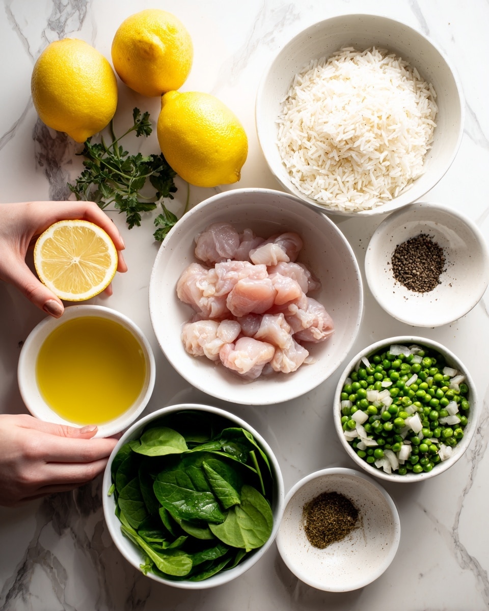 A top-down view of several white bowls on a white marbled surface, each holding different cooking ingredients. At the top right is a white bowl filled with white rice. Near the top left are two whole lemons and some fresh green herbs. In the middle, a white bowl contains raw chicken pieces arranged neatly. Below the chicken, another white bowl holds fresh green spinach leaves. To the right of spinach is a white bowl filled with green peas mixed with small pieces of chopped onions and garlic. Next to the peas is a white bowl of a yellow liquid, likely oil. Finally, there are two small white bowls with spices—one bowl contains black pepper, and the other has a light brown powder. A woman’s hand is seen at the left side holding a halved lemon. Photo taken with an iphone --ar 4:5 --v 7