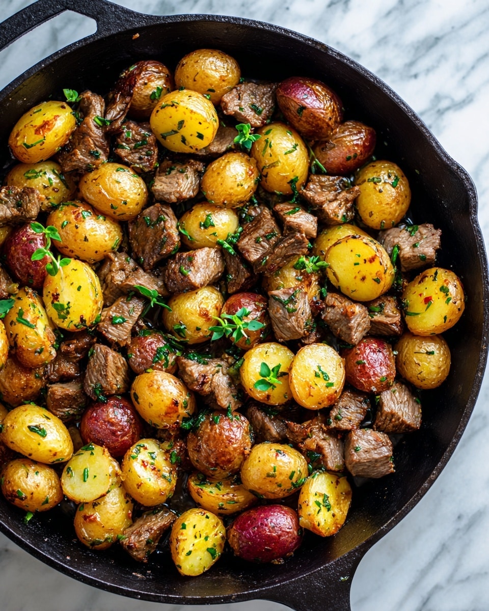 A close-up view of a black cast iron pan filled with roasted pieces of dark brown meat and golden yellow and red potato chunks. The meat pieces are mixed evenly with the potatoes, with a sprinkle of green herbs scattered on top, giving a fresh touch to the warm colors of the food. The texture of the potatoes looks crispy on the edges while soft inside, and the meat appears tender and juicy. The pan is set on a white marbled surface. Photo taken with an iphone --ar 4:5 --v 7
