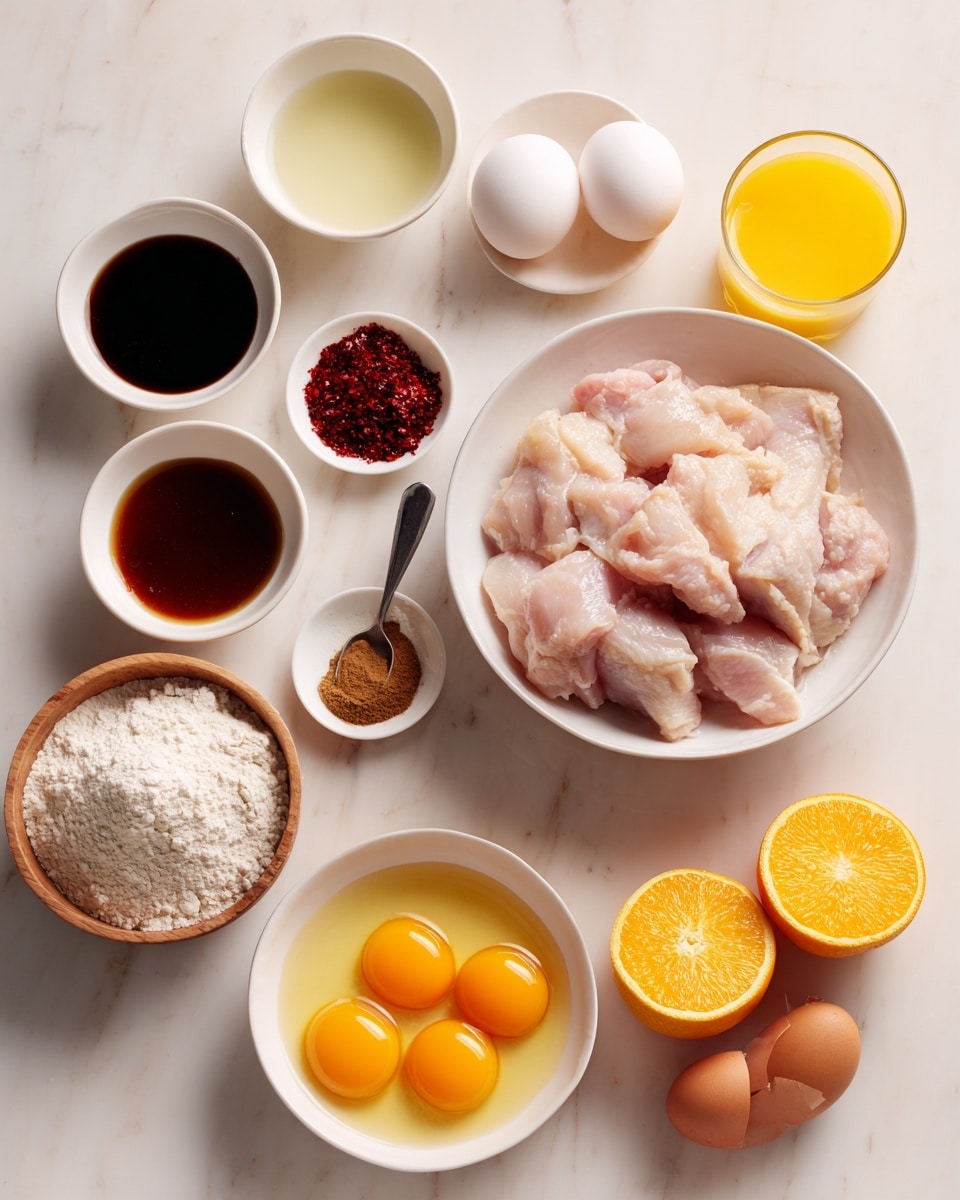 The image shows ingredients for cooking on a white marbled surface. At the center, there is a white bowl filled with raw chicken pieces that are pale pink and look fresh. Around it, small white bowls hold different ingredients: one has two peeled eggs, another with a dark brown powder, a third contains red chili pieces, and two have dark and light brown liquids. A white bowl nearby holds white flour with a spoon in it, and a wooden bowl next to it has three orange egg yolks in it. Alongside these, two halves of a bright orange and a glass of orange juice add bright orange colors to the scene. The composition looks clean and neat. photo taken with an iphone --ar 4:5 --v 7