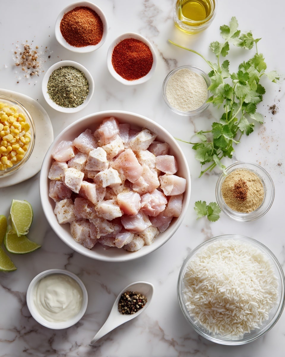 The image shows a white bowl filled with small, pale pink pieces of chicken on a white marbled surface. Around the bowl are small clear dishes and white spoons holding various spices and ingredients: bright red smoked paprika, off-white garlic powder, reddish chili powder, light brown oregano, creamy white mayo, soft white cotija cheese, yellow sweet corn, light green lime, fresh green cilantro, white sour cream, and a small clear bowl of fluffy jasmine rice. There is also a small container of golden olive oil and a small bowl of salt and black pepper mixed together. The scene is clean and bright with all items laid out clearly. Photo taken with an iphone --ar 4:5 --v 7