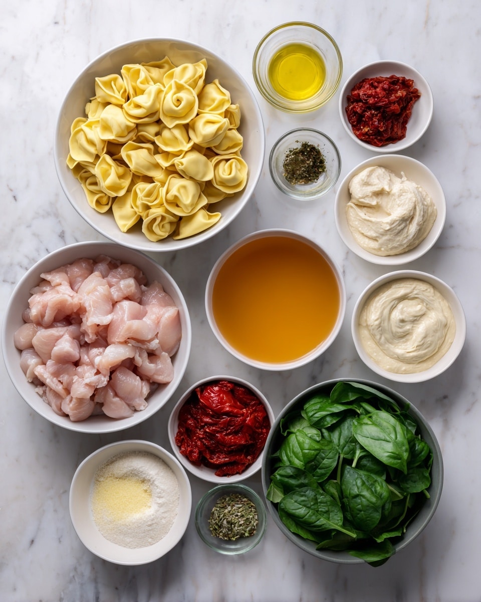 The image shows a skillet full of tortellini pasta covered in a thick, creamy orange sauce with herbs mixed in. The tortellini are yellow with browned spots, giving a cooked texture. Bright green spinach leaves are scattered throughout the dish, adding color contrast. The smooth sauce clings to the pasta, pooling lightly between pieces. A metal spoon is lifting some tortellini from the skillet. The skillet is black and sits on a white marbled surface. photo taken with an iphone --ar 4:5 --v 7
