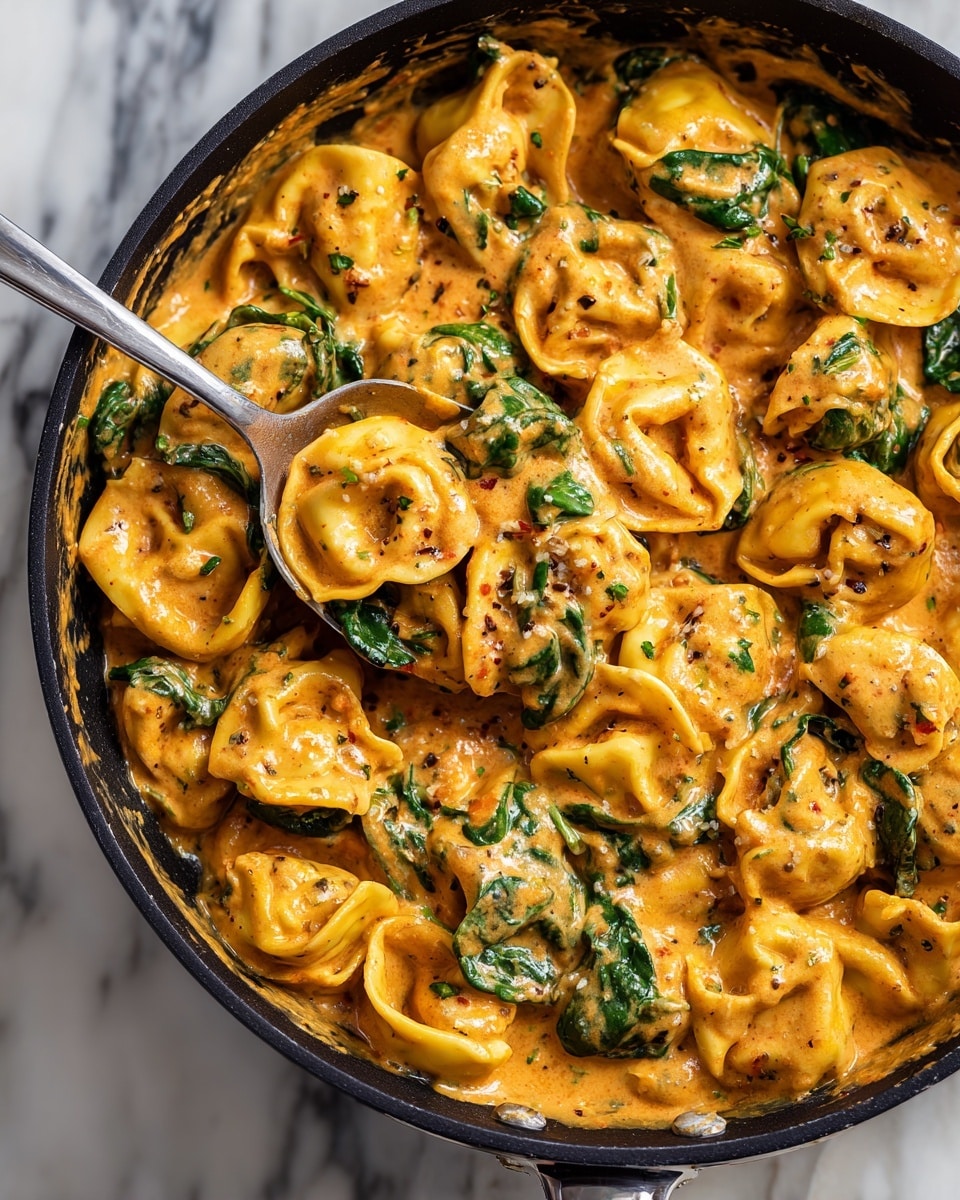 The image shows a collection of white bowls on a white marbled surface, each containing different ingredients for a recipe. One bowl holds yellow tortellini with a slightly folded texture. Another contains raw pink chicken pieces that look soft and fresh. There is a small bowl of bright orange chicken broth that looks liquid and clear. Dark green spinach leaves fill a bowl, looking fresh and leafy. A bowl of pale cream marked as 35% cooking cream has a smooth and thick texture. Fresh basil leaves, dark green and textured, fill another bowl. Small portions of red tomato paste and bright red sundried tomatoes are in separate bowls, both showing a rich, sticky appearance. Additional small bowls contain light brown olive oil, white and granular sea salt, finely chopped green garlic, dark red paprika, and yellow cornstarch. The ingredients are neatly arranged and labeled with clean text. Photo taken with an iphone --ar 4:5 --v 7
