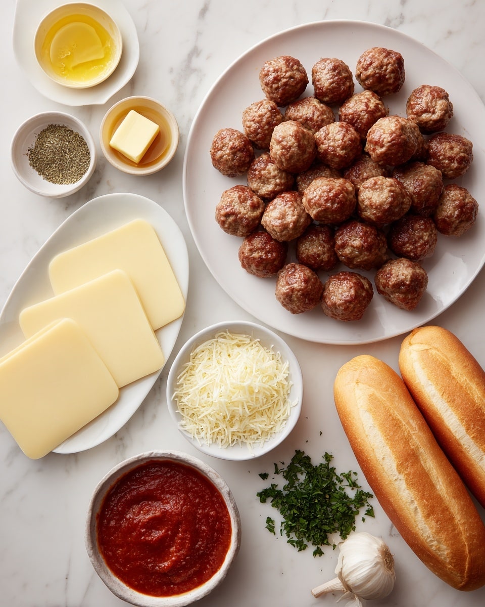 The image shows all the ingredients for a meatball sandwich arranged on a white marbled surface. There is a white plate with about twenty round meatballs piled high on the right side. Next to it, on the lower right, there are two golden-brown hoagie rolls placed side by side. On the lower left, several slices of pale yellow provolone cheese are stacked neatly. Near the center left is a small white bowl filled with grated parmesan cheese. On the upper left, a small piece of yellow butter and some chopped green parsley are on a white plate. To the right of these, there is a small white bowl of reddish spaghetti sauce with visible herbs. Next to this bowl, a small pile of dried green oregano leaves is placed on the white marbled surface. A peeled clove of garlic lies near the parsley. The woman's hand is not visible but implied to be nearby serving. Photo taken with an iphone --ar 4:5 --v 7