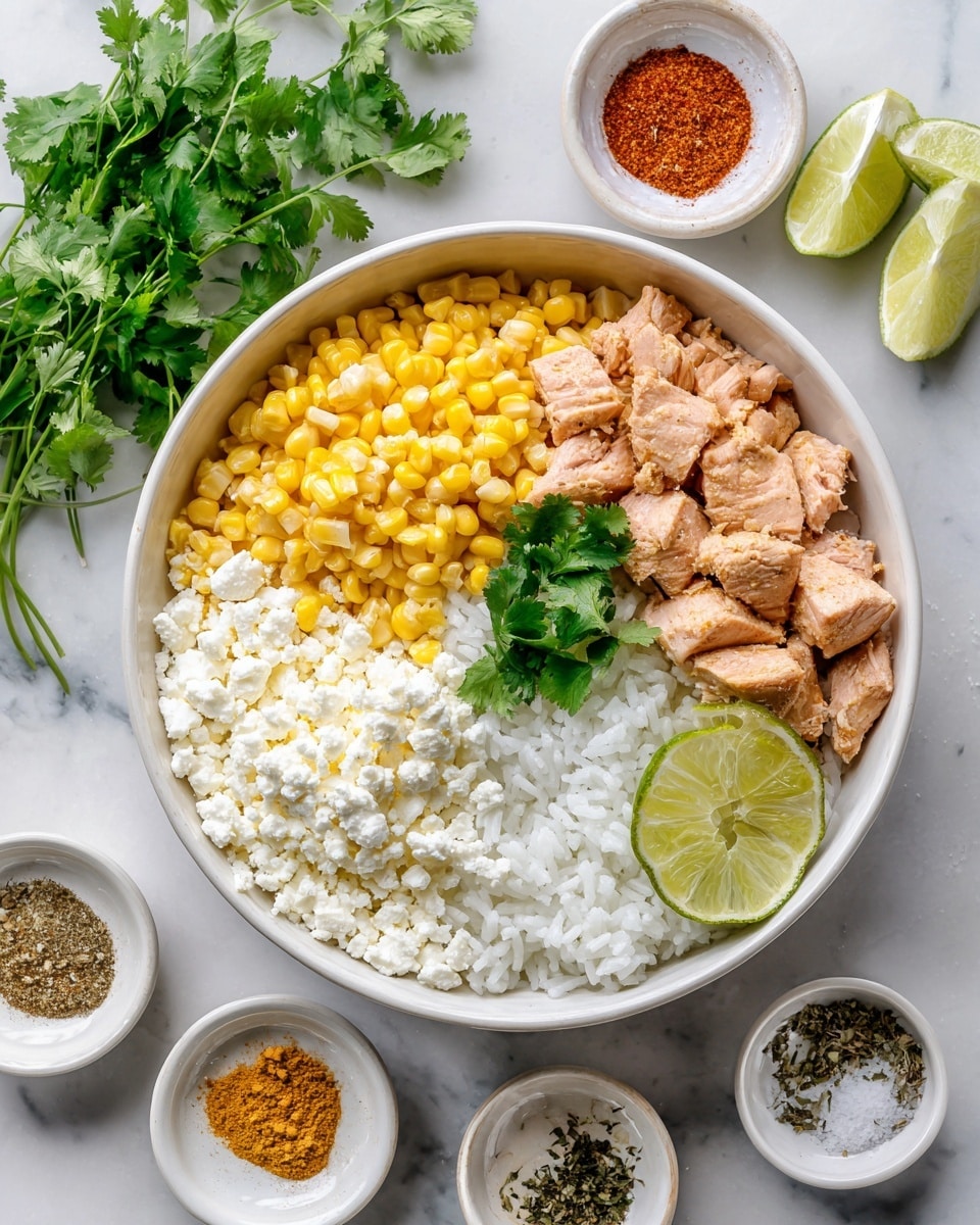 A white bowl filled with cooked jasmine rice at the bottom layer, topped with bright yellow sweet corn on one side and crumbled white cotija cheese on the other side. The bowl has fresh green cilantro sprigs and lime wedges placed on top, alongside pieces of cooked pink chicken with a slightly reddish tint from smoked paprika. Small white bowls with various spices such as chili powder, garlic powder, salt and pepper, and oregano are arranged neatly around the main bowl on a white marbled surface. The colors in the bowl are vibrant and fresh, with a mix of white, green, yellow, and pink. Photo taken with an iphone --ar 4:5 --v 7