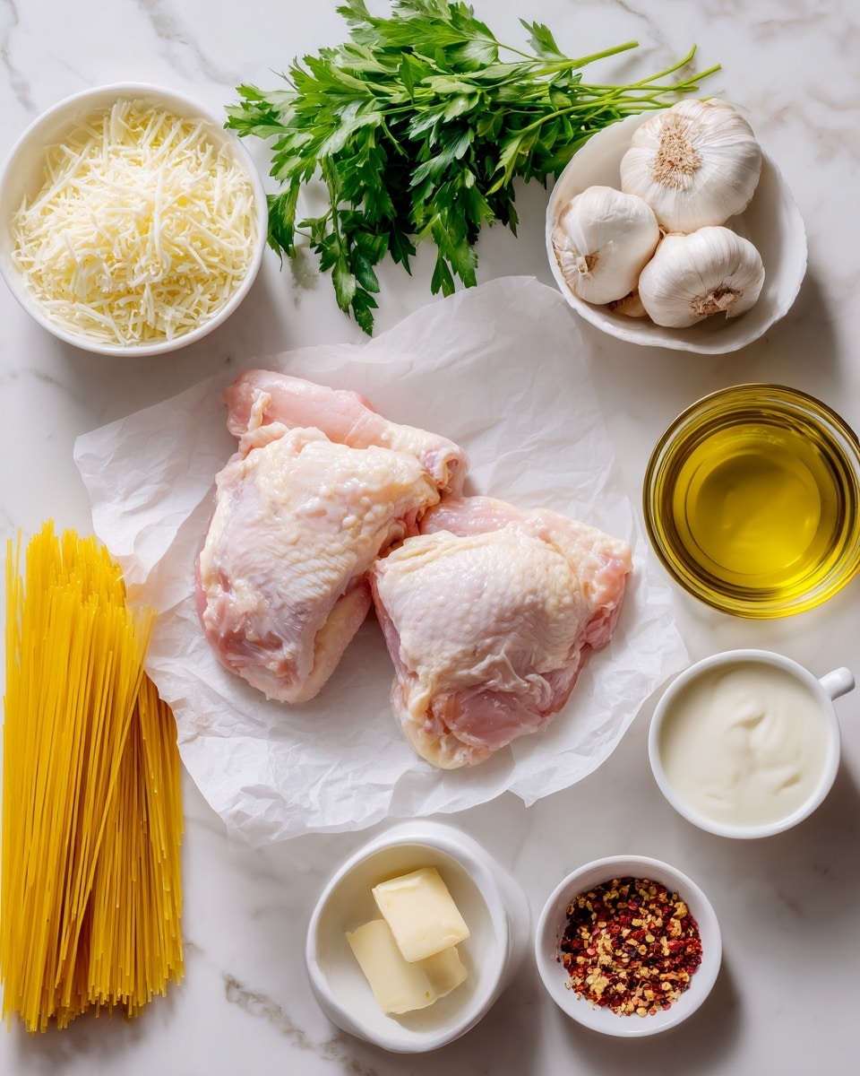 The image shows two raw pale pink chicken pieces on white parchment paper placed on a white marbled surface. To the right, there is a glass cup with clear yellow olive oil. Above the chicken, three whole white garlic bulbs rest on the white marbled background. To the left of the chicken, a white bowl holds shredded white cheese. Above this, a bunch of fresh green parsley lies flat. Nearby, a white bowl contains creamy white sauce. Below and left of the parsley, an open small white dish holds red pepper flakes, and a small block of pale butter is next to it. A small white bowl contains grated white cheese beside the butter. On the far left, a small plate holds long dry yellow spaghetti strands. The whole scene is arranged neatly on a white marbled surface with warm natural lighting. photo taken with an iphone --ar 4:5 --v 7