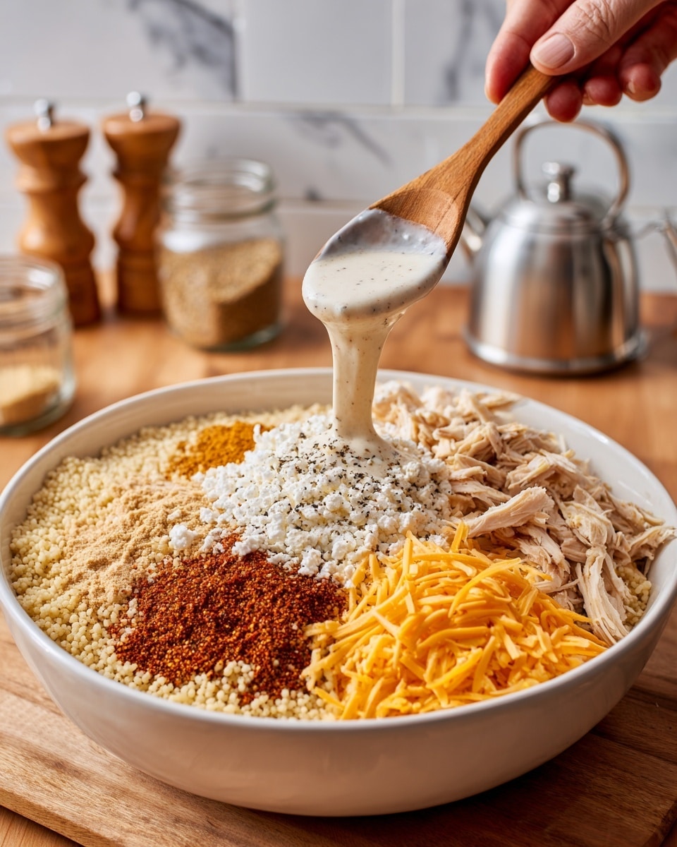 A large white bowl is filled with several layers of food starting from a base of light tan couscous grains. On one side, there are small light brown shredded pieces of chicken. Next to the chicken is a sprinkling of reddish-brown spice powder. In the center, a mound of soft white cottage cheese is topped with black pepper. To the right of the cottage cheese is a pile of thin bright orange shredded cheddar cheese. A woman’s hand holds a wooden spoon above the bowl, pouring creamy white sauce with bits of cottage cheese that is dripping down into the bowl. The bowl rests on a wooden surface against a white marbled texture background, with blurred kitchen items like glass jars and a kettle behind it. Photo taken with an iphone --ar 4:5 --v 7