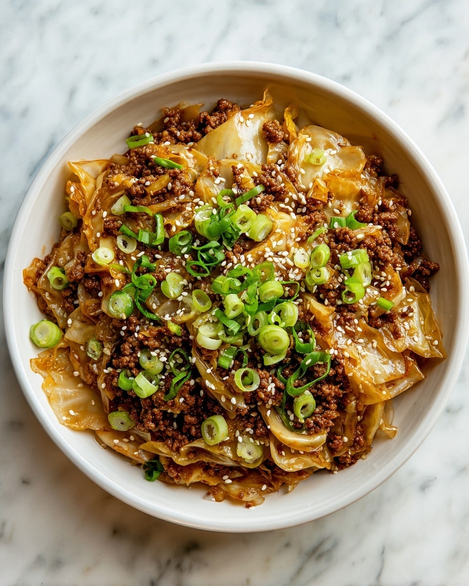 In a white bowl, there is a layered dish with cooked ground meat and sautéed cabbage mixed together, showing a brown and light yellow color blend with a glossy texture. On top, there is a layer of bright green chopped green onions scattered evenly, adding a fresh contrast. Small white sesame seeds are sprinkled on the entire surface for texture and detail. The bowl is placed on a white marbled surface. Photo taken with an iphone --ar 4:5 --v 7