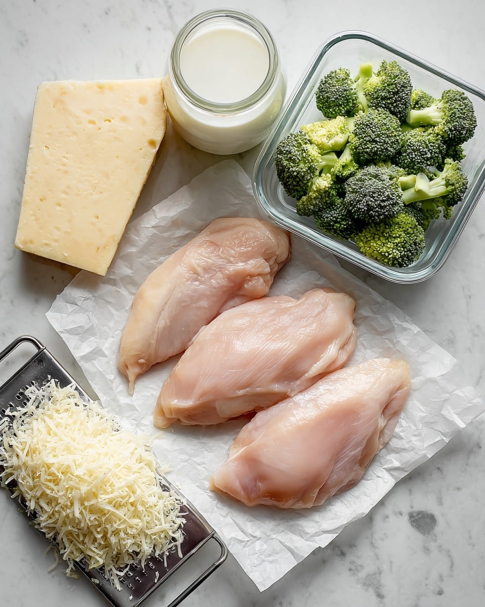 The image shows fresh ingredients neatly placed on a white marbled surface. There are three pieces of raw chicken arranged side by side on white parchment paper, with a pale pink color and smooth texture. To the right, a clear container is full of green broccoli florets with small, bumpy textures on top and white stems underneath. At the top right corner, there is a clear jar filled with white milk. On the bottom left, there is a pile of finely shredded white cheese resting on a metal grater, and next to it, a block of firm pale yellow cheese with a smooth surface. photo taken with an iphone --ar 4:5 --v 7