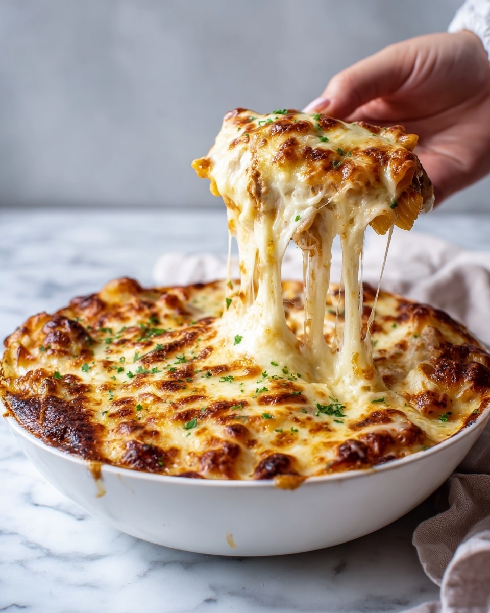 The image shows a white bowl filled with creamy baked pasta topped with a thick, golden-brown melted cheese layer. The cheese is bubbly with browned spots and sprinkled with small green parsley pieces. A woman's hand is lifting a portion of the stretchy cheese and pasta, showing the gooey texture of the cheese stretching from the bowl. The creamy pasta underneath is slightly visible through the cheese with a rich, smooth texture. The bowl sits on a white marbled surface with a soft-focus background. photo taken with an iphone --ar 4:5 --v 7