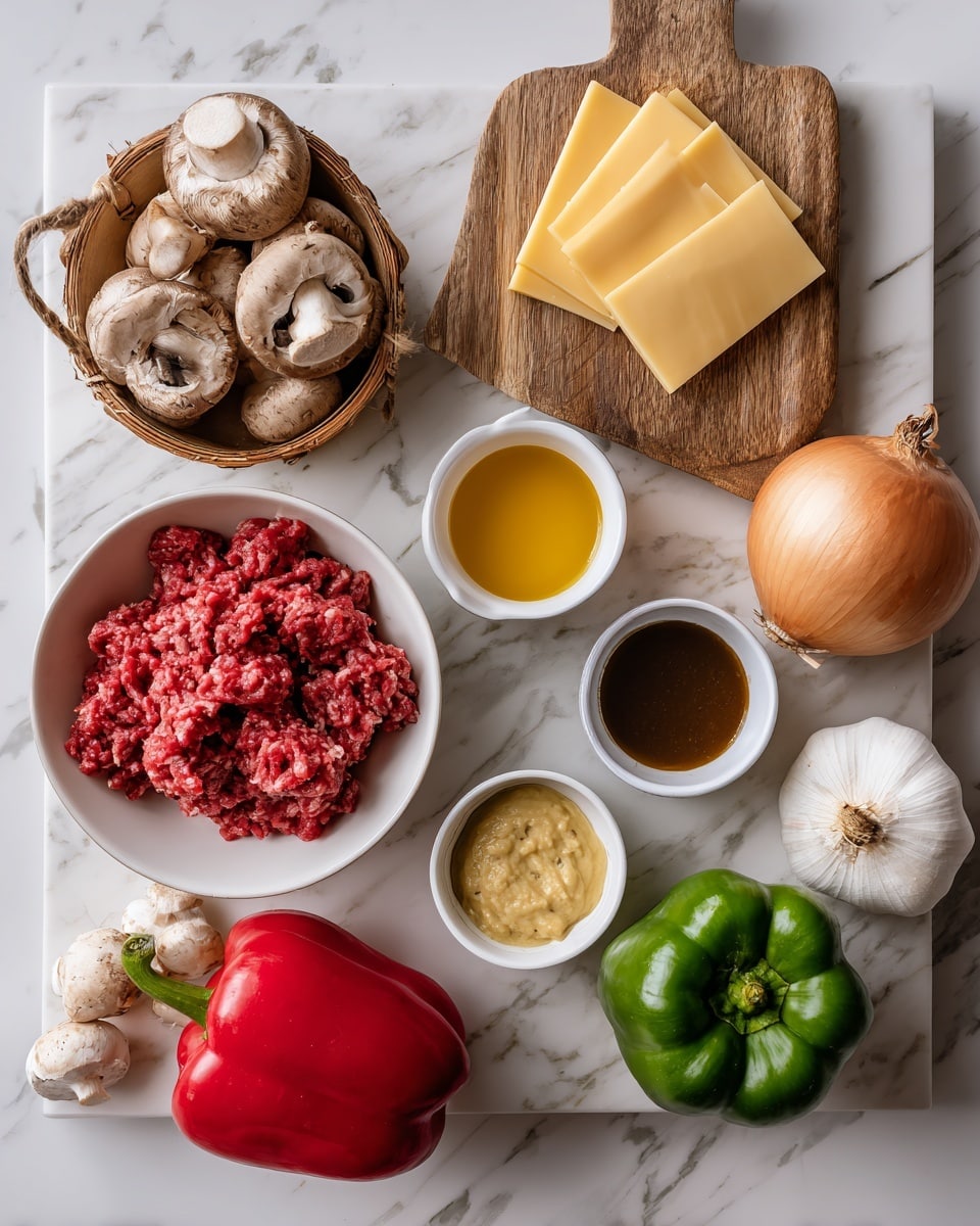 The image shows ingredients laid out on a white marbled surface. In the bottom left corner, there is a white bowl full of red minced meat. Next to it, a small basket holding brown mushrooms. Above the basket are slices of yellow cheese stacked neatly on the marble. To the right of the meat bowl, there are three small white bowls containing a golden liquid, a light yellow paste, and a dark brown sauce, arranged in a triangle shape. Near the top right, a light-brown onion and a white garlic clove sit closely together. Below these, there is one whole red bell pepper and one whole green bell pepper resting on a small wooden cutting board. The scene is bright and the colors of ingredients stand out clearly. Photo taken with an iphone --ar 4:5 --v 7