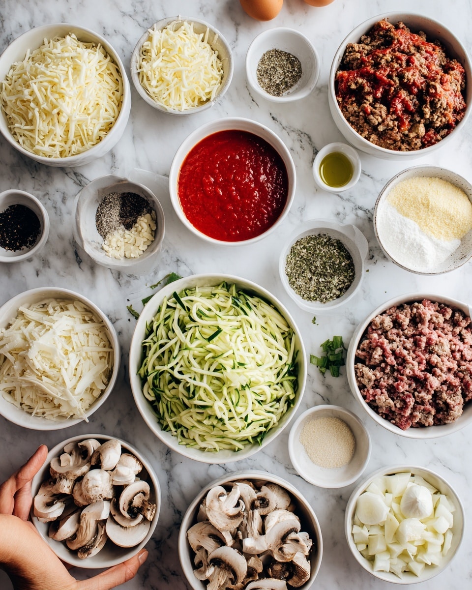The image shows multiple small white bowls and some ingredients arranged on a white marbled surface, each containing different food items for a recipe. Starting from the top, there is a bowl of shredded mozzarella cheese, a small bowl of Italian seasoning, and a bowl of grated parmesan cheese. Below these, there is a small bowl of thick red tomato sauce and a bowl with oil. In the center, a large bowl holds shredded zucchini, surrounded by bowls with ground beef, cheddar cheese, garlic powder, and chopped onion. On the left side, there are bowls filled with black pepper, salt, eggs, chopped bell pepper, and sliced mushrooms. A woman's hand holds a white bowl with more ingredients on the left side. The image is bright and colorful with a clean white marbled background. Photo taken with an iphone --ar 4:5 --v 7