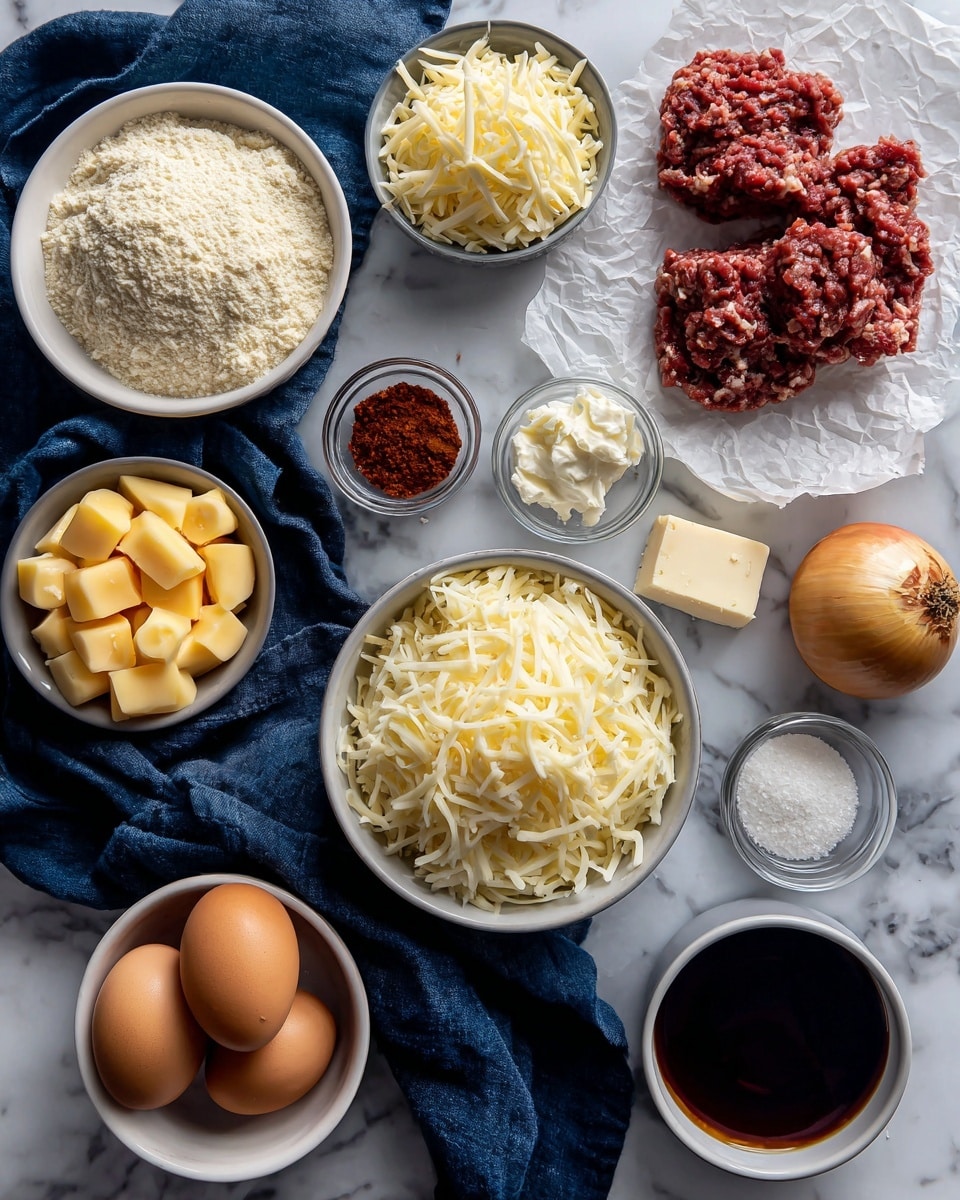 The image shows various ingredients arranged neatly on a white marbled surface with a dark blue cloth underneath some items. There are multiple white bowls and small dishes, each holding different items: shredded mozzarella with two brown eggs on top in a larger bowl at the bottom, light almond flour in a bowl at the left, shredded edam cheese in a bowl at the top left, small cubes of cheddar cheese in a small glass bowl near the center, cream cheese in a small gray bowl beside the cheddar, and a dark liquid beef stock in a white bowl to the right of the cheddar. Raw ground beef and slices of bacon are placed on crumpled white paper in the top right. A whole onion rests near a small square dish of rexantham gum, a small dish of coconut aminos, and a bowl with tomato paste. There is a tiny bowl with onion powder near the bottom right. The layout is clean, and all items are clearly visible. A woman's hand is not present, and the overall presentation is balanced and inviting, photo taken with an iphone --ar 4:5 --v 7