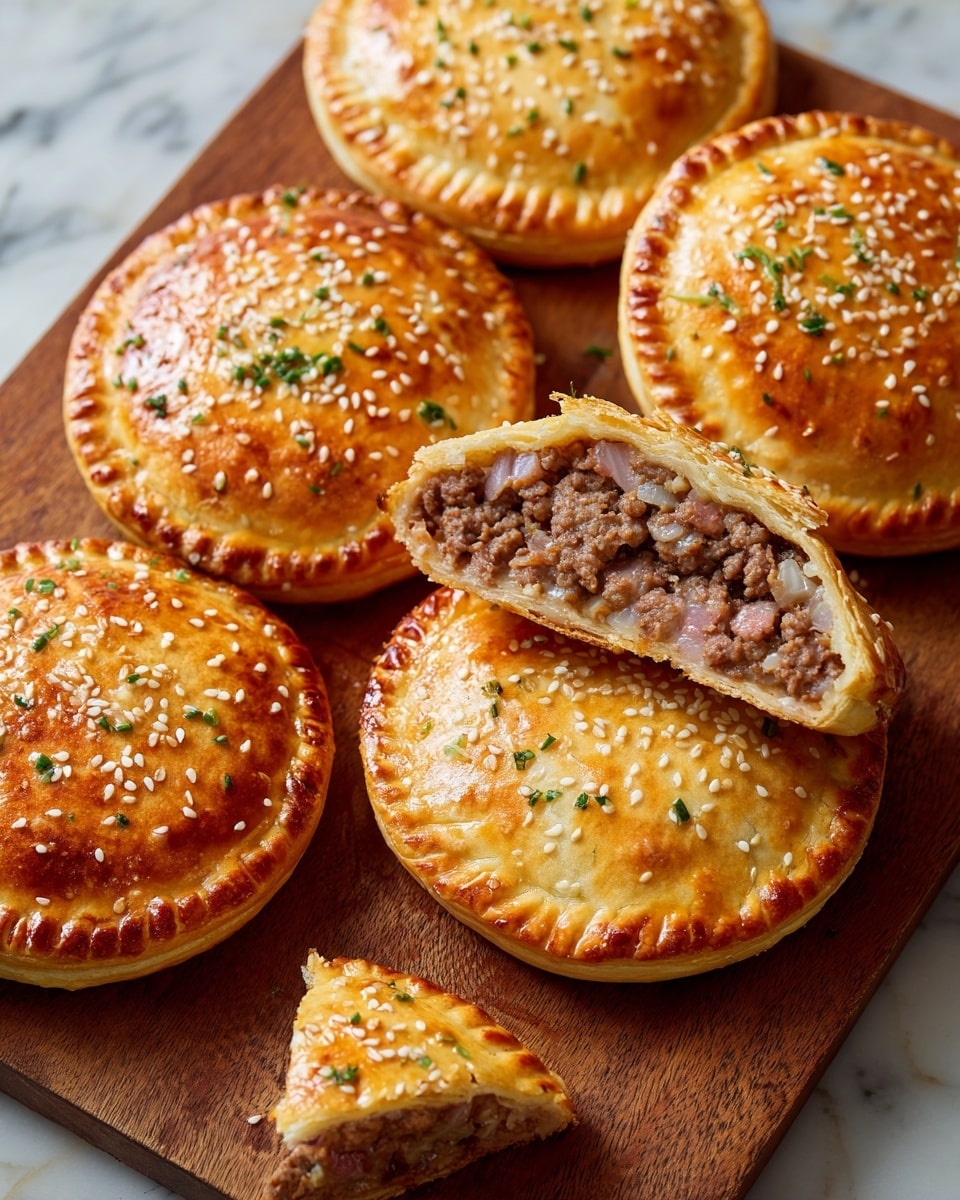 The image shows several round meat pies with a golden brown top, sprinkled with sesame seeds and small green herb bits. Each pie has two layers: a crispy, shiny pastry crust on the outside and a dense, cooked ground meat filling inside that looks moist and seasoned. Two of the pies are cut in half, revealing the thick layer of meat inside under the thick pastry top. They are placed closely on a wooden board with some small herb pieces scattered around. In the background, a small piece of pie crust sits showing a flaky texture. The surface under the wooden board is a white marbled texture. photo taken with an iphone --ar 4:5 --v 7