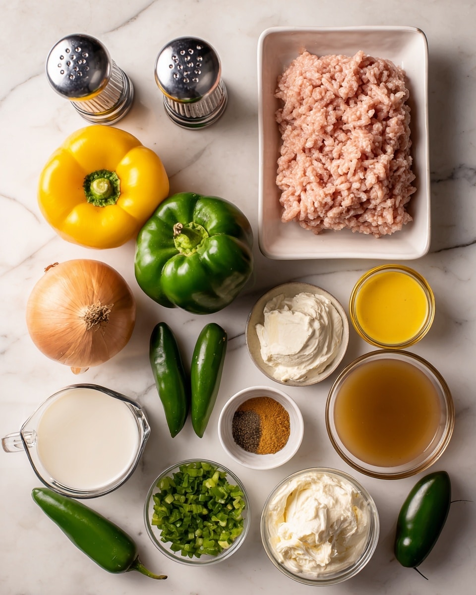 The image shows raw ingredients arranged on a white marbled surface. There is a white tray with light pink ground chicken on the right side, next to a whole yellow bell pepper and a green bell pepper on the left. Above the chicken is a pair of silver salt and pepper shakers. Below the peppers, there is a small glass pitcher with white cream, next to a whole brown onion and two small bowls containing brown seasonings and chopped green chilies. There are two green jalapenos below these items, close to a small bowl with a yellow mixture (likely mustard or sauce), a small bowl with white cream cheese, and a clear glass container filled with light brown broth. The layout is clean and evenly spaced. Photo taken with an iphone --ar 4:5 --v 7