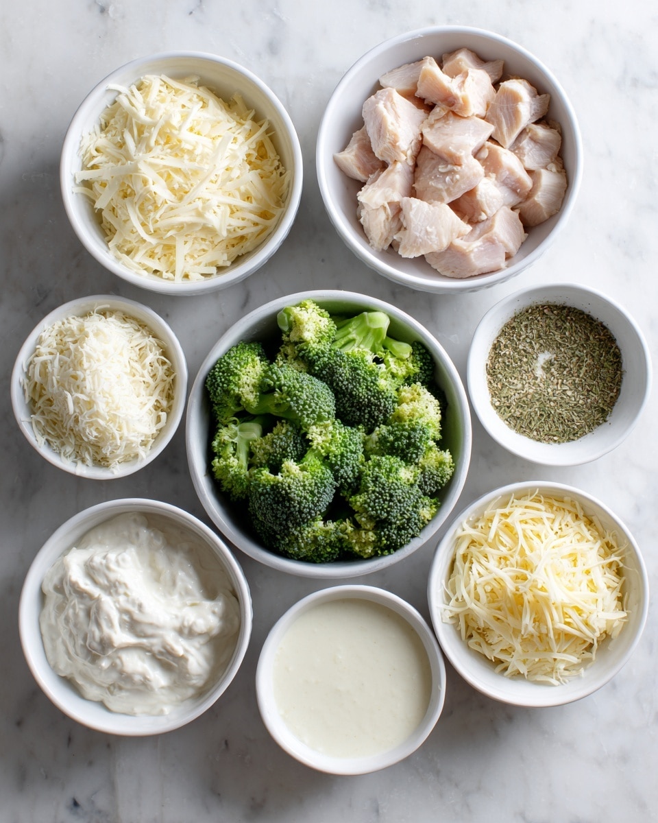 The image shows eight small white bowls arranged in a circle on a white marbled surface. In the center, there is one medium white bowl filled with green broccoli florets. Starting from the top and moving clockwise around the circle, the white bowls contain pieces of raw chicken, cream cheese, grated parmesan cheese, a mixture of pepper and salt, garlic and onion powder, shredded mozzarella cheese, sour cream, and chicken broth. Each bowl's contents are clearly visible, showing distinct colors and textures like the soft cream cheese, grated cheeses, and raw chicken pieces. Photo taken with an iphone --ar 4:5 --v 7