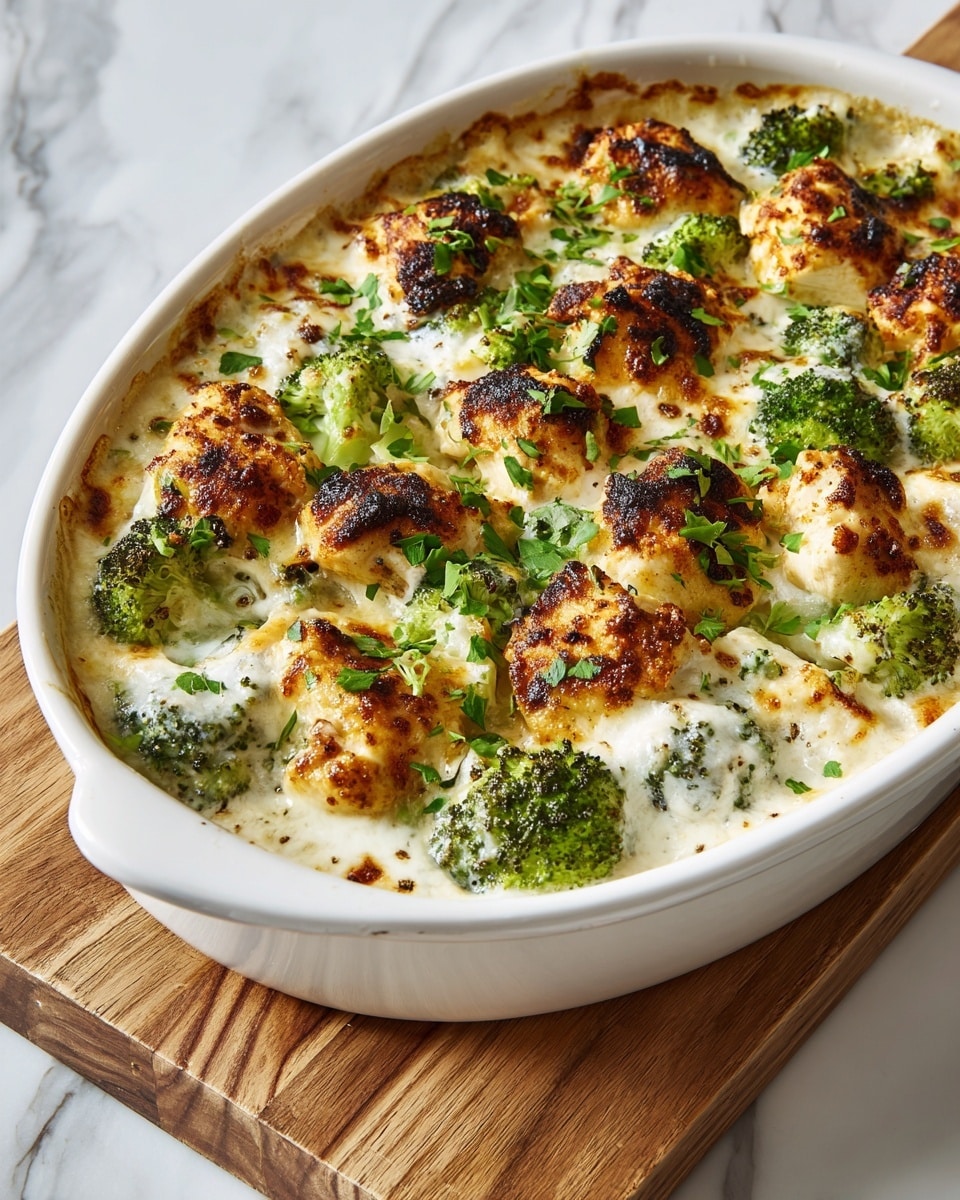 A white ceramic baking dish filled with a baked casserole featuring three main layers: the bottom layer is a creamy, white sauce speckled with herbs; the middle layer has bright green broccoli florets evenly spread; the top layer consists of golden-brown baked cheese and chunks of light brown chicken, with a crispy, slightly charred texture and sprinkled fresh green herbs. The dish sits on a wooden board with a white marbled surface in the background. photo taken with an iphone --ar 4:5 --v 7