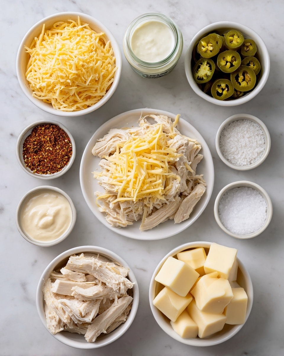 The image shows multiple white bowls and a white plate arranged on a white marbled surface. At the center is a white plate with shredded chicken mixed with shredded yellow cheese on top. Surrounding it are seven white bowls and a jar: to the top left is a bowl full of shredded yellow cheese, next to it is a small jar of white sauce or cream. To the top right is a bowl filled with round slices of green jalapeños, below that is a bowl with a reddish-brown spice mix, and next to it is a small bowl with white salt. On the bottom right, a bowl holds cubes of pale yellow butter, while at the bottom left, a larger bowl contains shredded plain chicken. Near the lower left corner, a small bowl has a creamy white sauce, and above it, another small bowl has more slices of green jalapeños. The arrangement is neat and the ingredients have varied textures like creamy, shredded, and sliced. Photo taken with an iphone --ar 4:5 --v 7