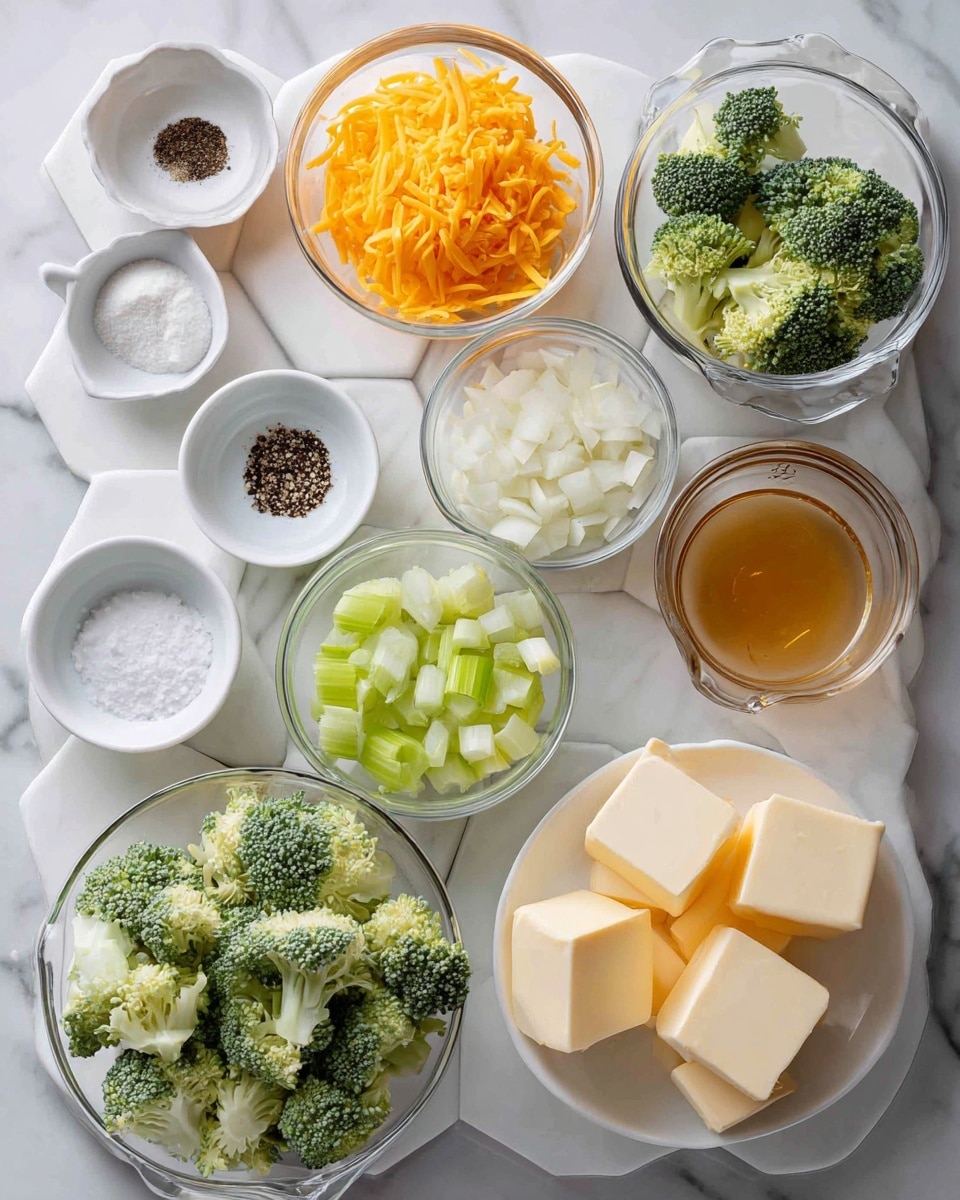 The image shows a group of ingredients arranged neatly on a white marbled hexagonal surface. There are small white dishes with black pepper, salt, and a white powder, along with a clear glass bowl of chopped onions and another clear bowl filled with chopped celery. Two clear measuring cups hold shredded orange cheddar cheese and a light brown liquid. A small white plate contains several cubes of pale yellow butter. A larger clear measuring cup is full of green broccoli florets. The overall look is colorful and organized, with the ingredients ready to be used for cooking photo taken with an iphone --ar 4:5 --v 7