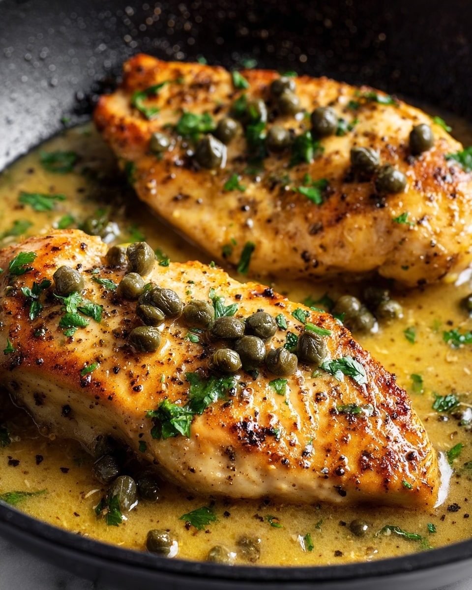 Two pieces of golden-brown cooked chicken lay in a black pan filled with a light buttery sauce. Each piece is topped with small dark green capers and sprinkled with chopped fresh green parsley. The chicken has a slightly crispy texture from the cooking, and the sauce glistens around the pieces, showing hints of black pepper seasoning. The background is a white marbled texture. photo taken with an iphone --ar 4:5 --v 7
