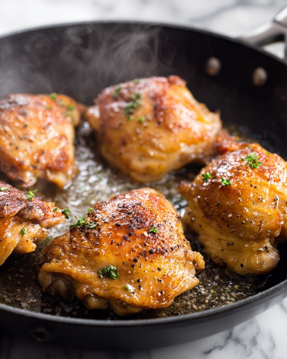 Five pieces of golden brown cooked chicken thighs with crispy skin are in a black frying pan. The chicken has a shiny, slightly oily texture with small black pepper and salt flakes sprinkled on top, giving a speckled look. Small green herb bits are scattered over the chicken, adding a touch of color. There is steam rising from the chicken, showing it is hot. The pan is on a stove, with a blurred white marbled surface in the background. photo taken with an iphone --ar 4:5 --v 7