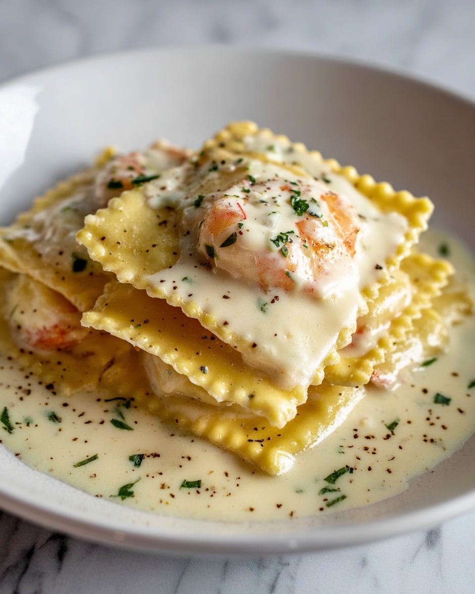 The image shows a close-up of ravioli pasta filled with shrimp, arranged in layers, each piece having a smooth, pale yellow dough with scalloped edges. The top layer is covered with creamy white sauce, speckled with small green herbs and black pepper. The shrimp inside the ravioli is visible, showing a pink and white color with a slight shine. The creamy sauce pools gently at the bottom, creating a glossy texture with small bits of herbs scattered around. The entire dish sits on a white plate placed on a white marbled surface. Photo taken with an iphone --ar 4:5 --v 7