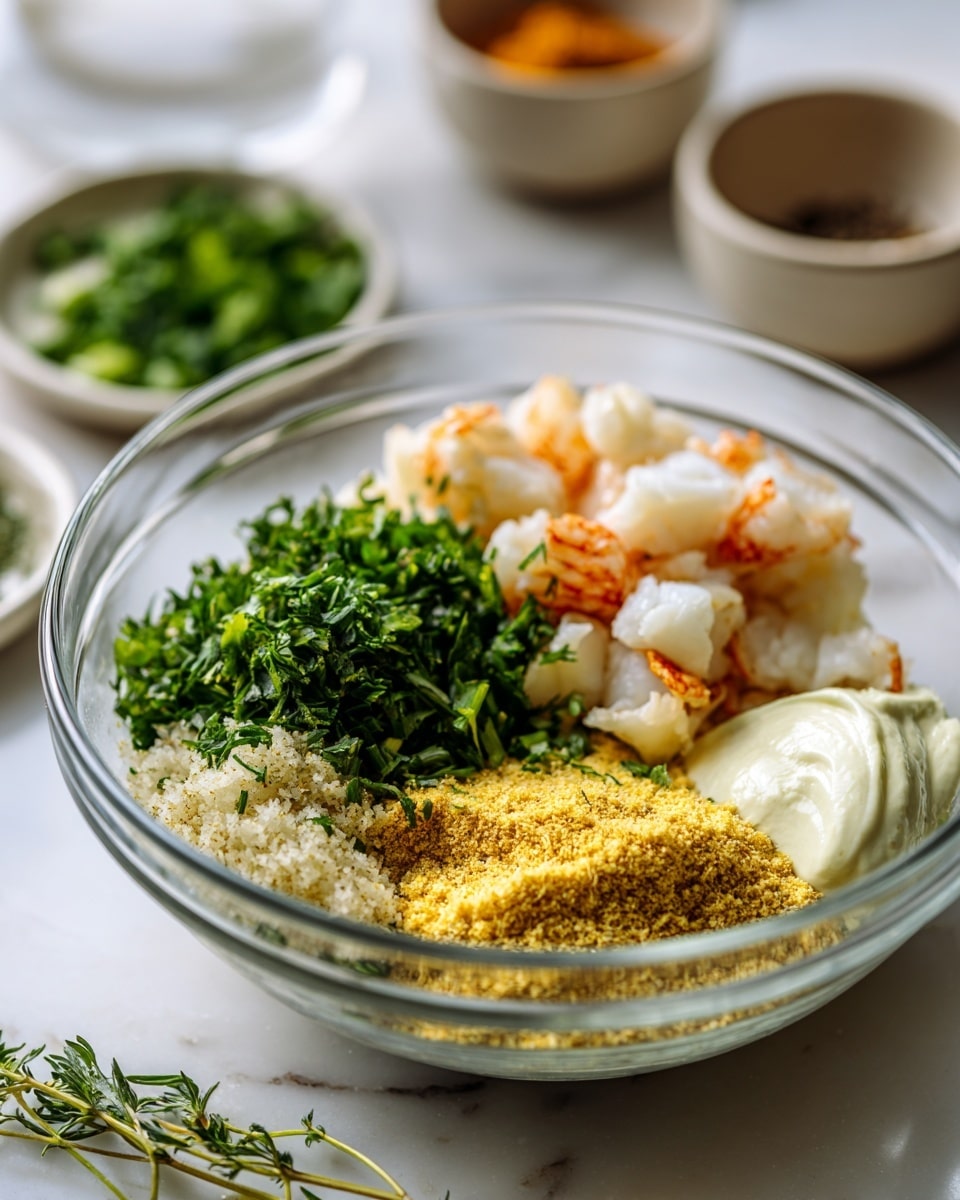 A clear glass bowl on a white marbled surface holds several layers of ingredients arranged side by side, including chunks of crab meat with light orange and white colors on the left, finely chopped bright green herbs next to it, a pile of yellow crumbs or seasoning in the center, and a dollop of thick pale cream on the right. In the background, blurred containers of spices and a small bowl of green herbs are visible. Photo taken with an iphone --ar 4:5 --v 7