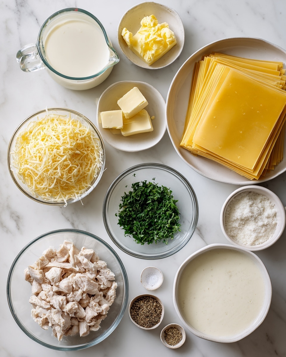 The image shows ingredients neatly arranged on a white marbled surface for making a lasagna dish. There are three uncooked lasagna sheets stacked in a white bowl on the top right, with clear white bowls holding yellow butter, white salt, and grated white cheese nearby. A glass measuring cup filled with white cream and another with light orange broth are placed towards the top left. Below them, there is a mound of shredded light yellow cheese beside finely chopped green herbs in a small clear bowl. Next to this, another clear bowl contains small pieces of cooked light beige chicken. A white bowl with thick white sauce and small bowls of beige ground spice and black pepper complete the setup. A woman's hand holds a small white bowl with some fine salt and pepper near the bottom right. Photo taken with an iphone --ar 4:5 --v 7