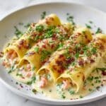 Shrimp & Spinach Stuffed Pasta Rolls with Roasted Red Pepper Cream Sauce Recipe