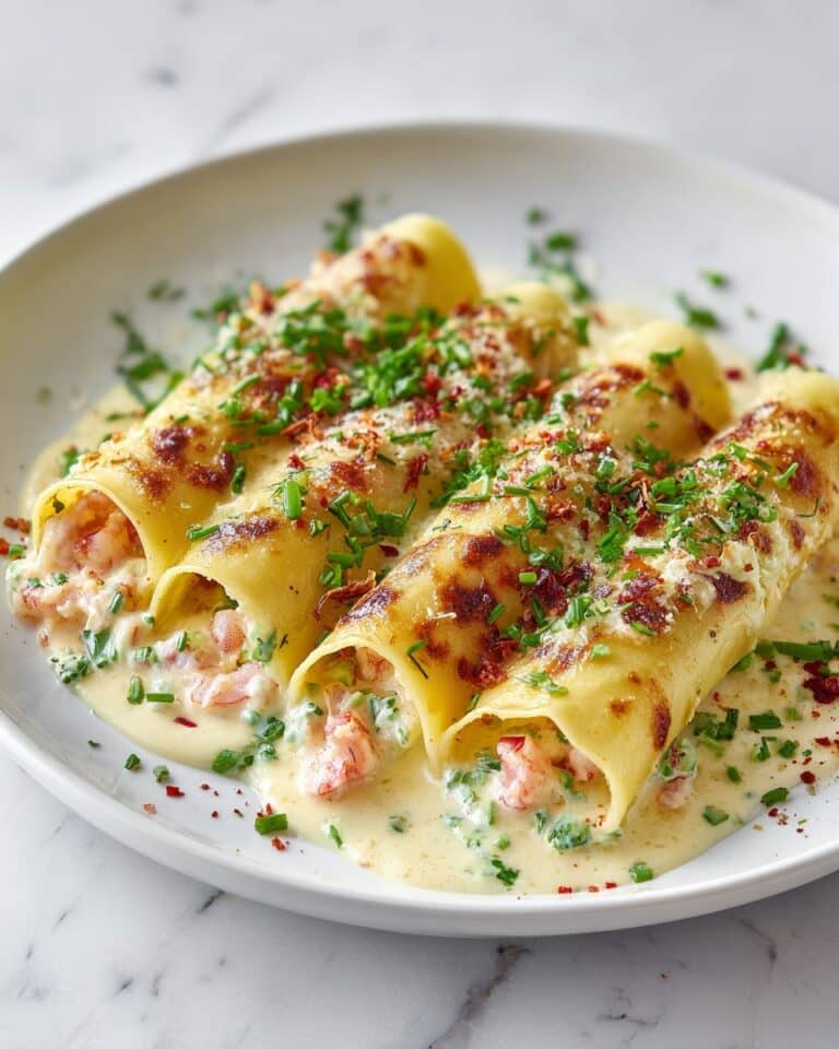 Shrimp & Spinach Stuffed Pasta Rolls with Roasted Red Pepper Cream Sauce Recipe