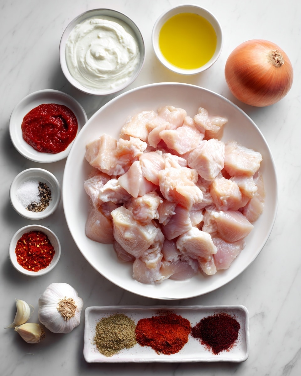 A white round plate is filled with pieces of raw chicken that are pale pink and smooth. Around the plate, various small white bowls hold different ingredients: a bowl of thick white yogurt, a bowl of yellow oil, a bowl with a red powdery spice, and a bowl of coarse black pepper. Next to these bowls are small piles of white salt, bright red sauce, two cloves of garlic, an orange onion, and a white tray holding three types of spices in red, dark red, and brown shades. All items are placed on a white marbled surface. Photo taken with an iphone --ar 4:5 --v 7