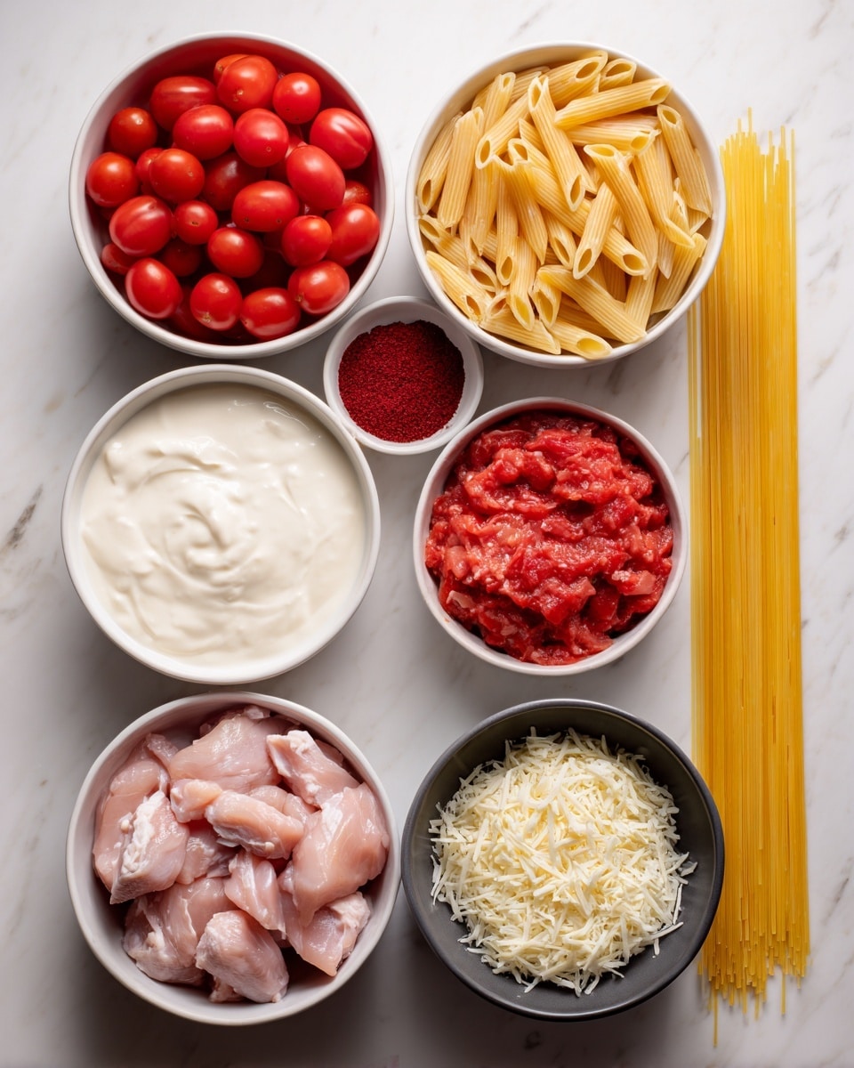 The image shows various ingredients neatly placed on a white marbled surface. There are six round white bowls arranged in two rows; the top row holds bright red cherry tomatoes, a deep red powdery spice, and uncooked pale yellow penne pasta. The bottom row contains a smooth white creamy sauce, bright red chopped tomatoes, and thin uncooked yellow spaghetti strands laid out next to the bowls. Below the bowls, there are raw pale pink chicken pieces in two sections and a small black bowl filled with finely shredded white cheese. The photo taken with an iphone --ar 4:5 --v 7