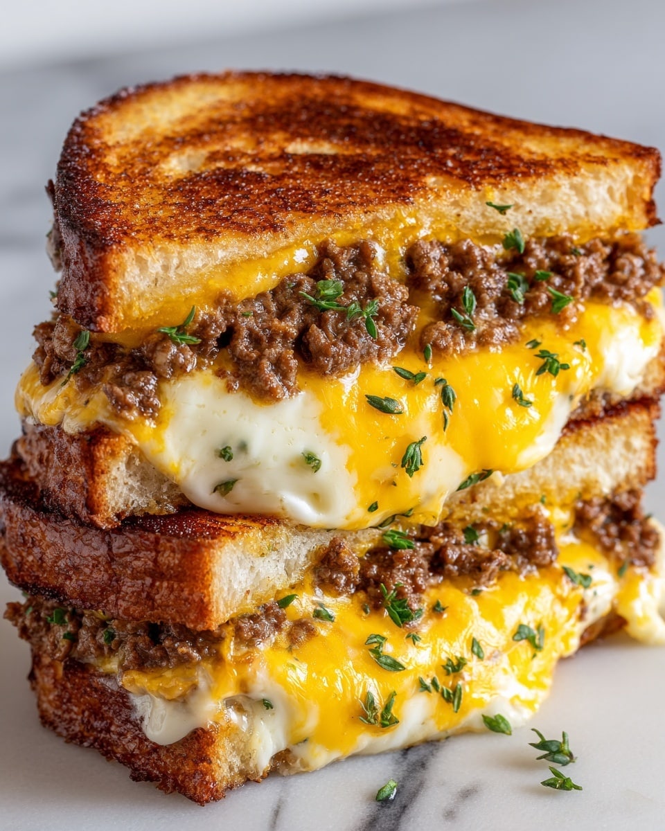 A large grilled sandwich is shown cut in half and stacked, revealing three layers inside. The bottom and top layers are golden toasted bread with a slightly crispy texture. The sandwich has two thick layers of melted cheese, one bright yellow and one white, oozing around the edges. Between and on top of the cheese layers is a rich, crumbly brown meat filling. Fresh green herbs are sprinkled over the meat and cheese, adding a fresh pop of color. The sandwich is placed on a white marbled surface. photo taken with an iphone --ar 4:5 --v 7