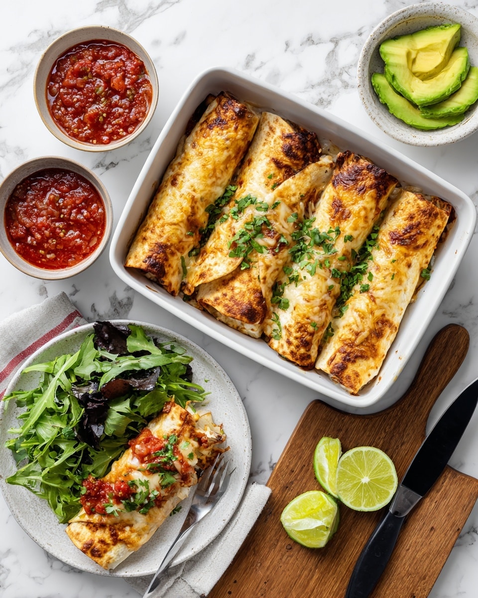 The image shows a white rectangular baking dish with five golden brown baked wraps, each with a slightly crispy texture on a white marbled surface. Next to it, there is a white plate with one partly eaten wrap topped with melted cheese, bright red salsa, and a small side of green salad with dark greens and avocado slices. To the left, a small white bowl holds chunky red salsa. On the right side, a wooden board has lime wedges and a black knife placed on it. In the top right corner, there is a small white bowl filled with green sliced avocado. The colors are warm and fresh, with a mix of golden browns, greens, reds, and whites. Photo taken with an iphone --ar 4:5 --v 7