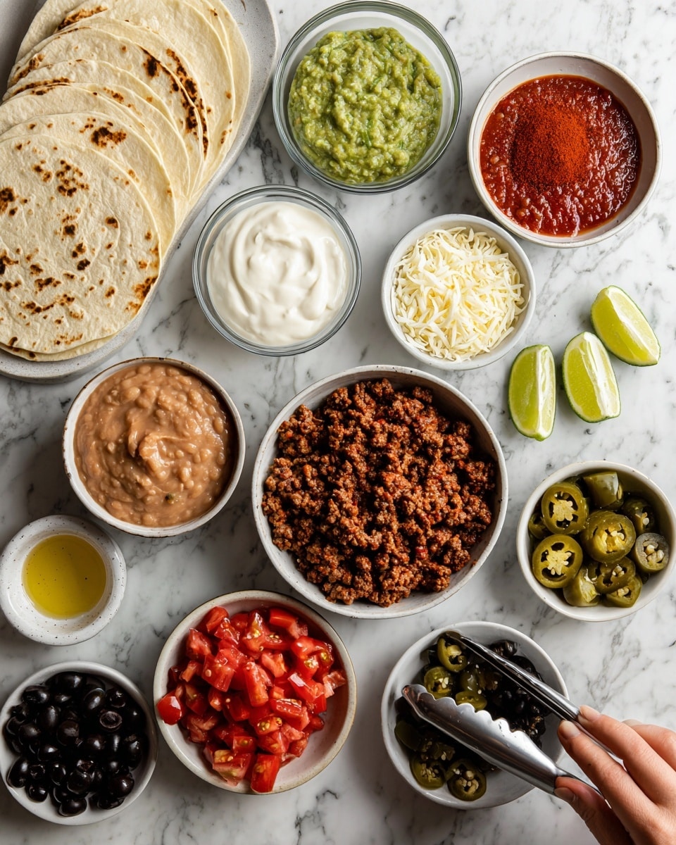 The image shows a neat arrangement of taco ingredients on a white marbled surface. There are two soft tortillas stacked on the left side, next to a bowl of creamy refried beans with a smooth texture. Above them, small bowls hold green salsa with a slightly chunky texture, sour cream, and asadero cheese. On the top right, a bowl filled with red taco seasoning powder sits near a thick, dark red salsa. Below these are bowls with black olives, chopped tomatoes, and sliced jalapenos with a bright green color. A larger bowl in the middle contains cooked, browned ground meat with a slightly crumbly look. A woman's hand with tongs is reaching toward the ground meat. There is also a small bowl of olive oil and wedges of lime nearby. The colors are vibrant with reds, greens, and browns contrasting against the white bowls and marbled surface photo taken with an iphone --ar 4:5 --v 7