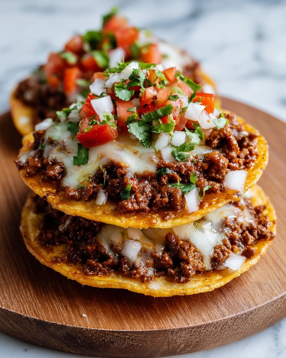 Two stacked tostadas rest on a wooden board, each layer showing a crispy golden base covered with dark brown seasoned ground meat. The top tostada is layered with melted white and yellow cheese blending smoothly into the meat. On the very top, there are bright red diced tomatoes, small white onion pieces, and fresh green chopped cilantro scattered evenly, adding fresh colors and textures. The background is a white marbled surface. photo taken with an iphone --ar 4:5 --v 7