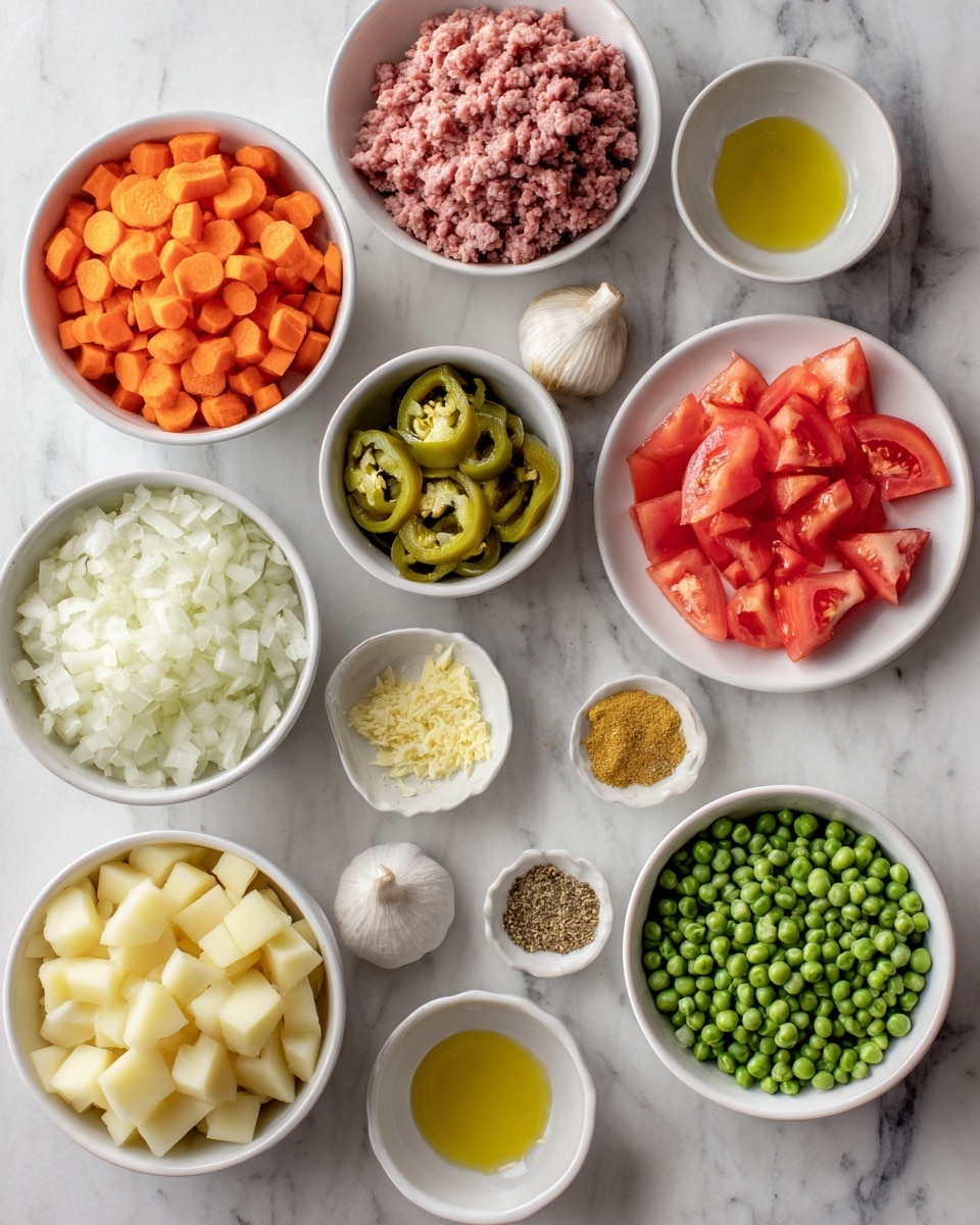 The image shows small white bowls and one white plate arranged neatly on a white marbled surface. The bowls contain raw ingredients for a recipe: one bowl has light pink ground beef, another has small orange carrot slices, a third holds finely chopped white onion, and a fourth contains bright green peas. There are also diced potatoes with beige skin in one bowl, thin green jalapeno slices in another, and a bowl of red tomato halves placed on a white plate. Other bowls have clear water, light yellow olive oil, crushed pale yellow garlic, and mixed spices in light brown and yellow shades. The colors and textures are fresh and clean, giving a clear look at each ingredient. photo taken with an iphone --ar 4:5 --v 7
