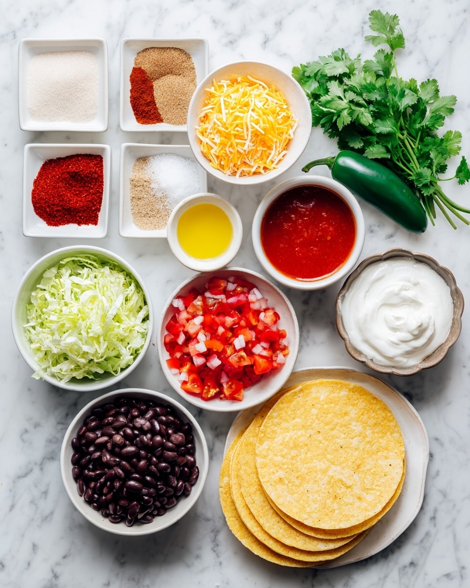 The dish shows two thick, round tortillas stacked with layers of refried beans spread on the bottom, topped with melted yellow and white cheese, scattered black olive slices, small diced red tomatoes, and thin, shredded lettuce pieces on top. A large dollop of white sour cream with green onion bits sits on the left side. The tortillas are on a crinkled white parchment surface over a white marbled background. The cheese has a melted, slightly stringy texture, and the lettuce adds light green, crisp details. photo taken with an iphone --ar 4:5 --v 7