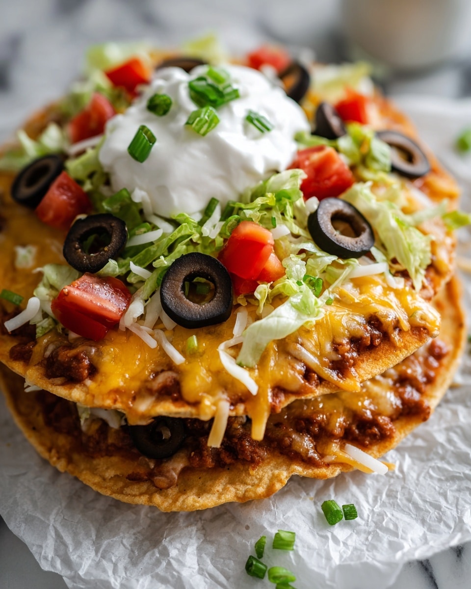 The image shows a close-up of a two-layer quesadilla on a white marbled surface, with a woman’s hand about to pick up one slice. The bottom layer is a soft tortilla topped with refried beans, followed by a middle layer of melted yellow and white cheese mixed with small pieces of black olives and diced tomatoes. The top layer is another tortilla covered with more melted cheese, lettuce shreds, tomato chunks, and sliced black olives. On the side, there is a dollop of white sour cream sprinkled with chopped green onions. The quesadilla slices are placed on a piece of parchment paper with visible texture. photo taken with an iphone --ar 4:5 --v 7