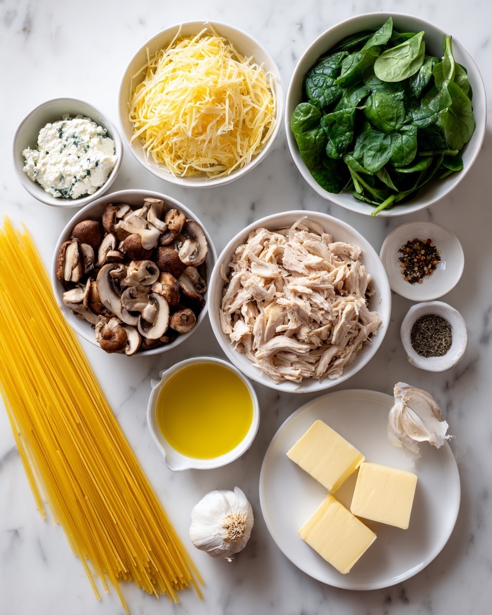 The image shows ingredients for a creamy pasta dish, arranged on a white marbled surface. There are uncooked long yellow noodles placed on the left side. Small white bowls hold different ingredients around the noodles: grated pale yellow cheese at the top left, a bowl of fresh green spinach at the top right, a bowl of chopped light brown cooked chicken in the bottom center, and a bowl with mixed brown and white mushrooms at the bottom left. There is a small bowl of golden yellow olive oil to the right of the chicken bowl, and a few small pats of pale yellow butter on a white plate near the bottom left. A container of white Boursin cheese is in the middle of the layout. Two small white dishes at the top right contain black and white seasonings, with a clove of garlic next to them. All items are clearly separated, showing their colors and textures on the white background. Woman’s hand is not visible. Photo taken with an iphone --ar 4:5 --v 7