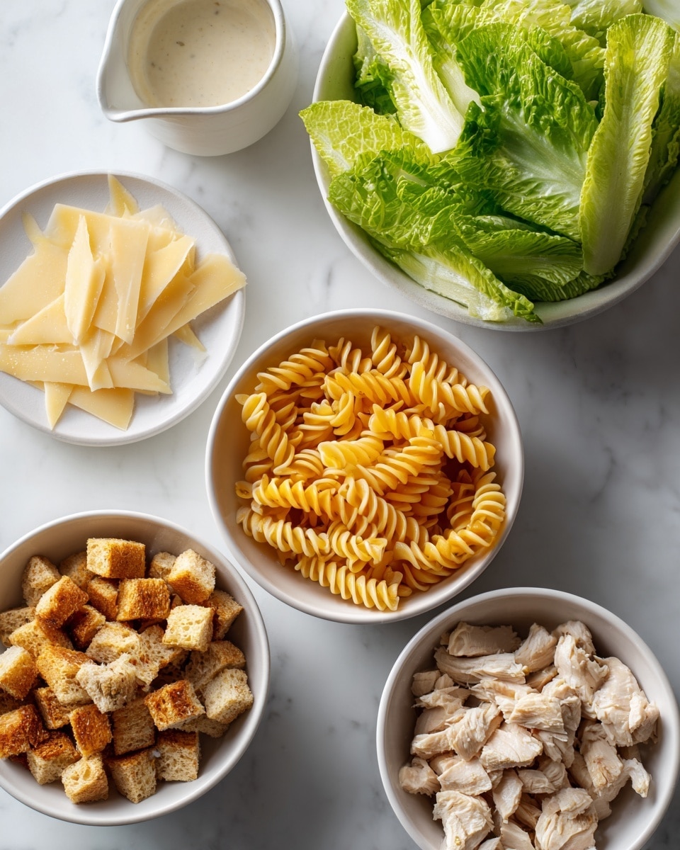 The image shows five white bowls arranged on a white marbled surface, each containing a different ingredient for a salad or pasta dish. At the top right, one bowl is filled with bright green lettuce leaves with a slightly crinkled texture. In the center, another bowl contains golden-yellow spiral pasta pieces that look smooth and firm. To the left, a small white plate holds uneven, thin slices of pale yellow parmesan cheese. Below that, a white bowl is full of golden brown croutons that have a crispy texture. On the bottom right, a white bowl contains small cubes of cooked chicken with a lightly browned, grilled appearance. At the top left, a small white pitcher holds a creamy dressing. Photo taken with an iphone --ar 4:5 --v 7