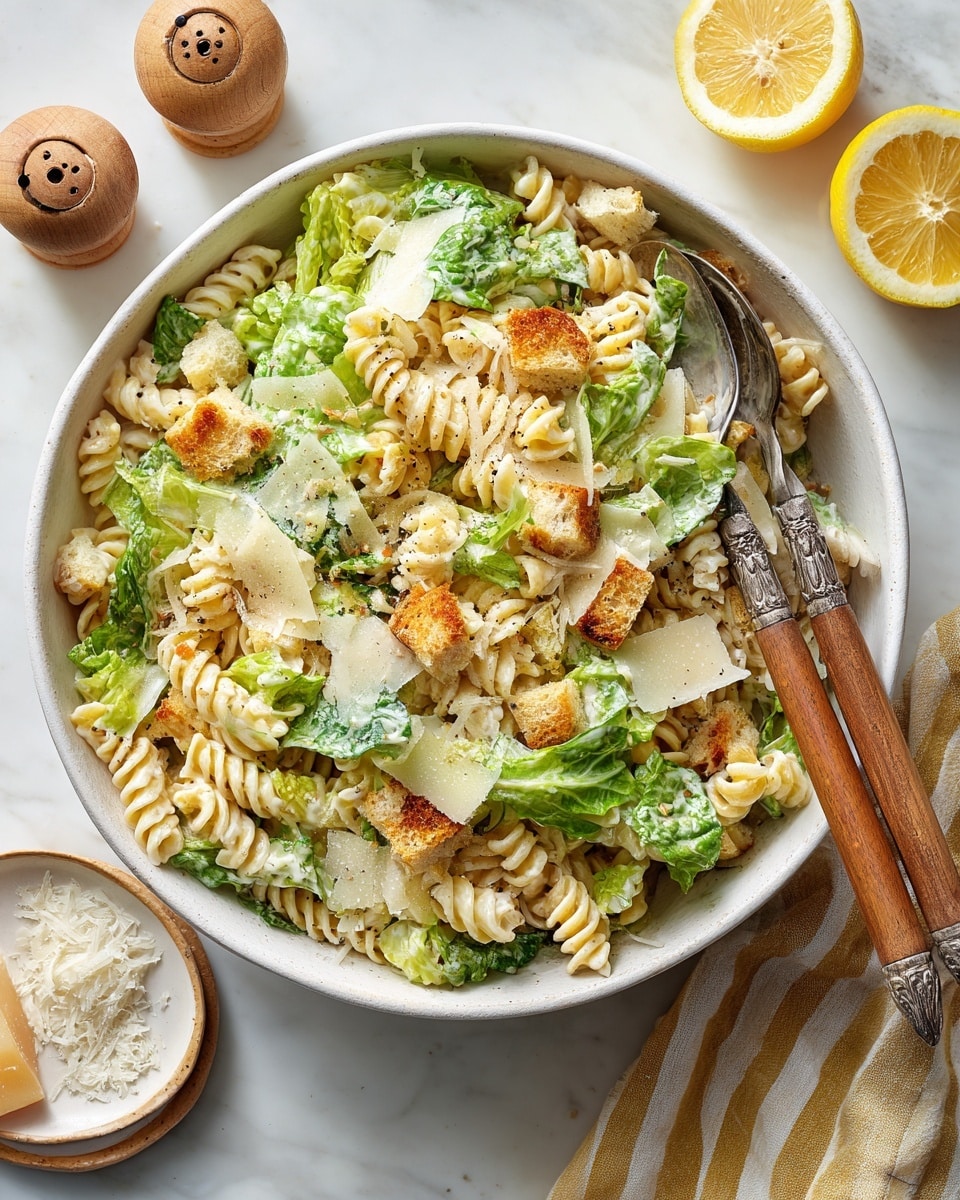 The image shows an overhead view of various ingredients placed neatly on a white marbled surface. In the center, there is a large bowl filled with chopped green romaine lettuce. Surrounding it are smaller white bowls and dishes containing different items: uncooked fusilli pasta that is golden yellow, shavings of pale creamy Parmesan cheese, torn pieces of crusty bread with a golden-brown crust, a bowl of thick white Greek yogurt, and a fine powder of grated parmesan or similar cheese. There are small containers holding ingredients like a yellowish Dijon mustard, a small cup of creamy milk, minced garlic, dark liquid Worcestershire sauce, a small bottle of olive oil with a green tint, and clear salt and pepper shakers placed nearby. The colors range from vibrant green to pale cream, yellow, and brown, creating a fresh and clean look. Photo taken with an iphone --ar 4:5 --v 7