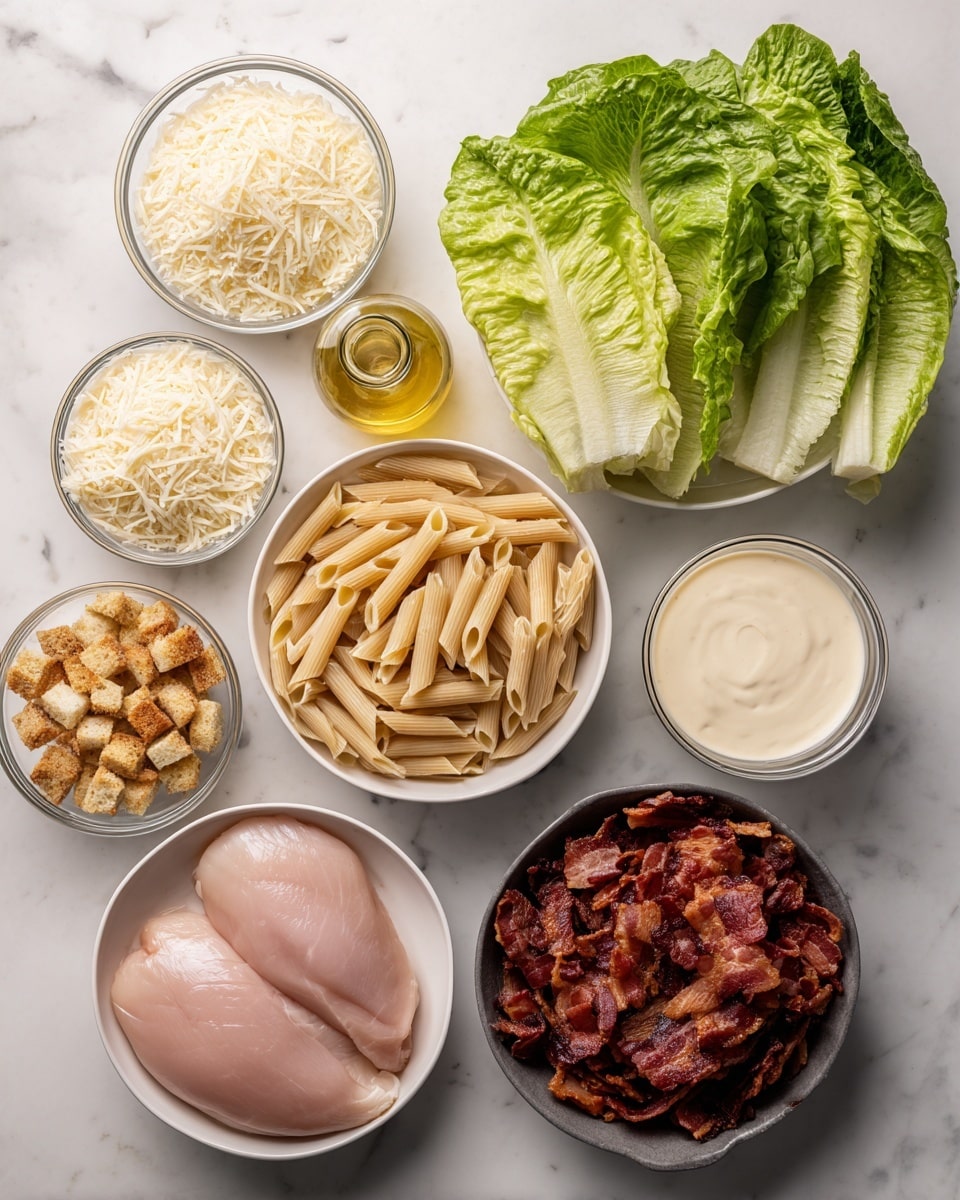 The image shows seven main ingredients on a white marbled surface, arranged in separate clear glass bowls and white dishes. At the top left, a small clear bottle of light yellow oil stands next to a clear bowl filled with white grated Parmesan cheese. To its right, a fresh whole leafy green romaine lettuce lies flat. Below the Parmesan, a large clear bowl holds dry penne pasta, light tan in color. Next to this pasta bowl, a clear smaller bowl contains mixed golden and light brown croutons. Below these, a white bowl carries two raw pale pink chicken breasts. To the right of the chicken, a small jar filled with creamy off-white dressing is placed. Finally, at the bottom right, crispy dark reddish-brown bacon pieces fill a small cast iron skillet. Photo taken with an iphone --ar 4:5 --v 7