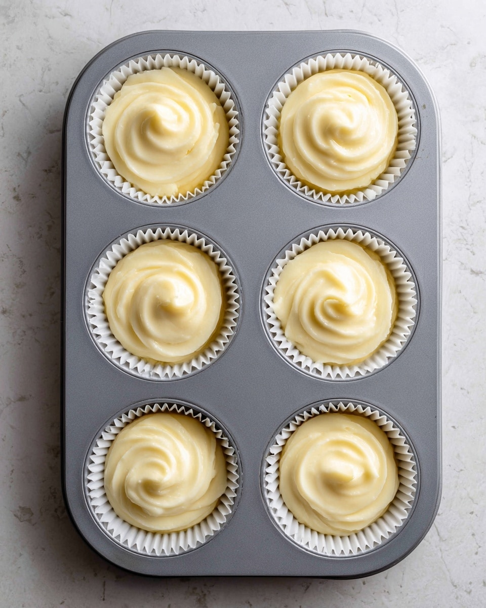 The image shows six cupcake liners filled with a smooth, creamy batter in a metal muffin tray resting on a white marbled surface. Each liner is white and ridged, holding a pale yellow batter that is neatly swirled with a small peak in the center. The batter has a soft, thick texture and fills each liner almost to the top, with slight variations in the swirl pattern. The metal tray has six round cup holders with a gray, slightly shiny finish, and the white marbled background provides a clean contrast, enhancing the soft color of the batter. photo taken with an iphone --ar 4:5 --v 7
