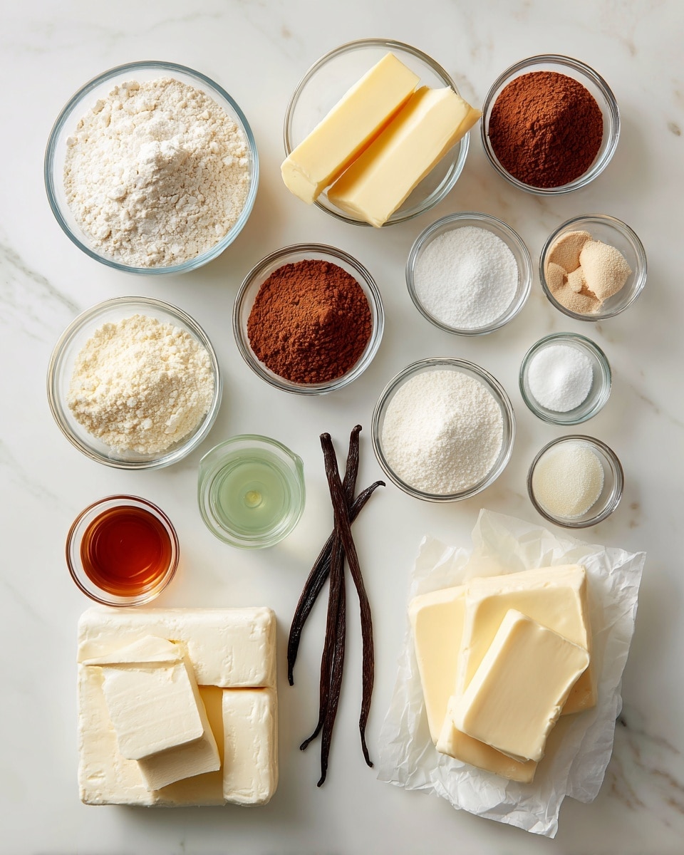A white marble surface holds several clear glass and white containers filled with baking ingredients. From top left to bottom right, there is a bowl of white flour, three sticks of yellow butter, a small bowl of brown cocoa powder, two small bowls of white and off-white powders, a pile of white sugar in a glass bowl, two vanilla beans, three white eggs, a stick of butter, three small bowls of brown and green liquids, a stack of cream cheese squares on white parchment, and a large bowl of white powdered sugar. The arrangement is neat and spaced out evenly, showing all ingredients clearly. Photo taken with an iphone --ar 4:5 --v 7